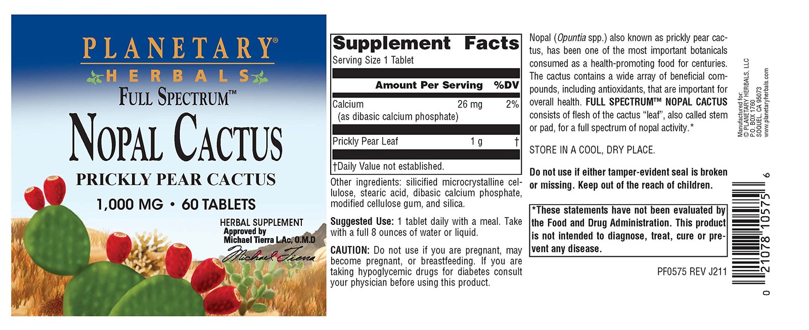 Planetary Herbals Full Spectrum Nopal Cactus 1000mg 60 Count (Pack of 1)