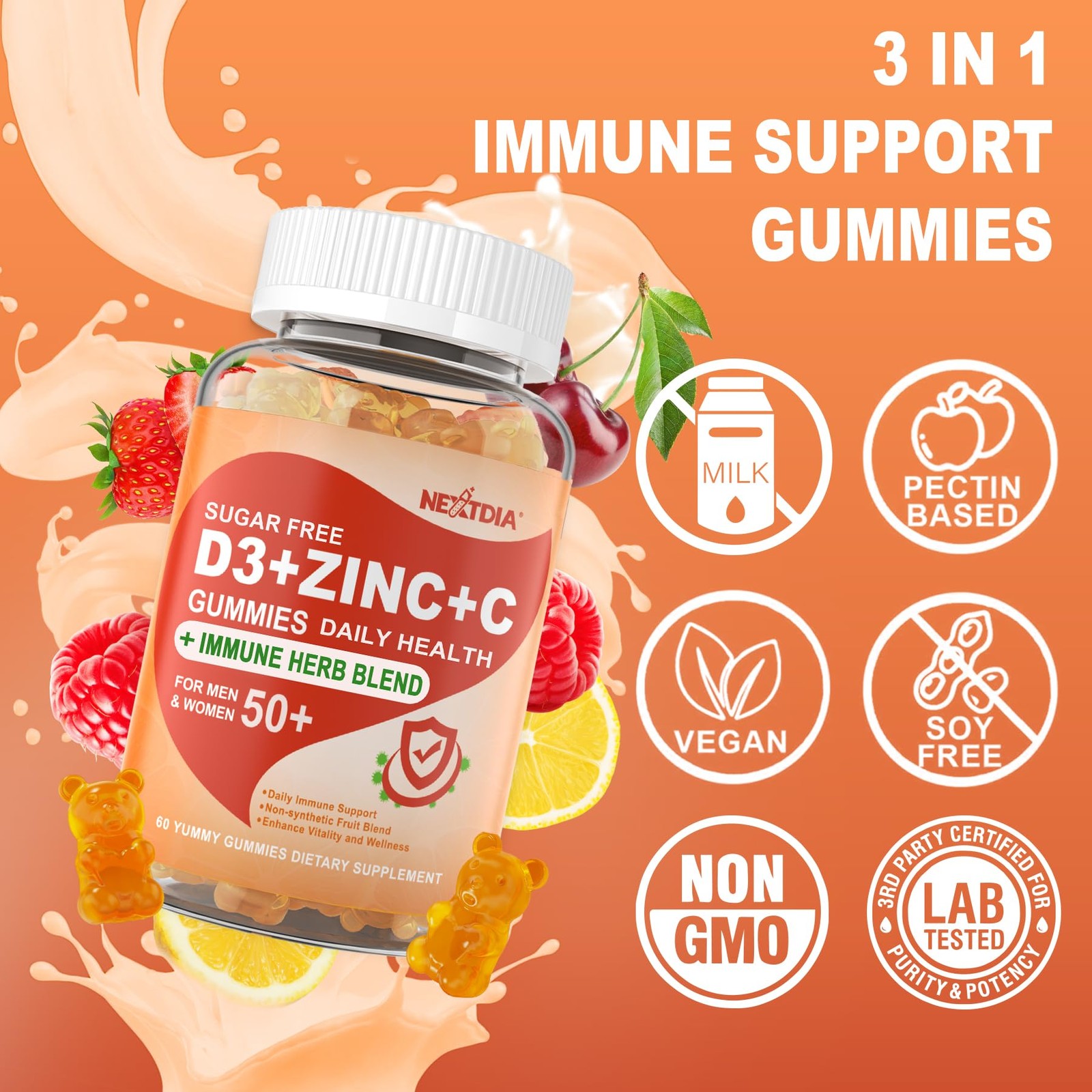 Sugar Free Vitamin C + D3 + Zinc Gummies for Adults 50 60 Count (Pack of 2)
