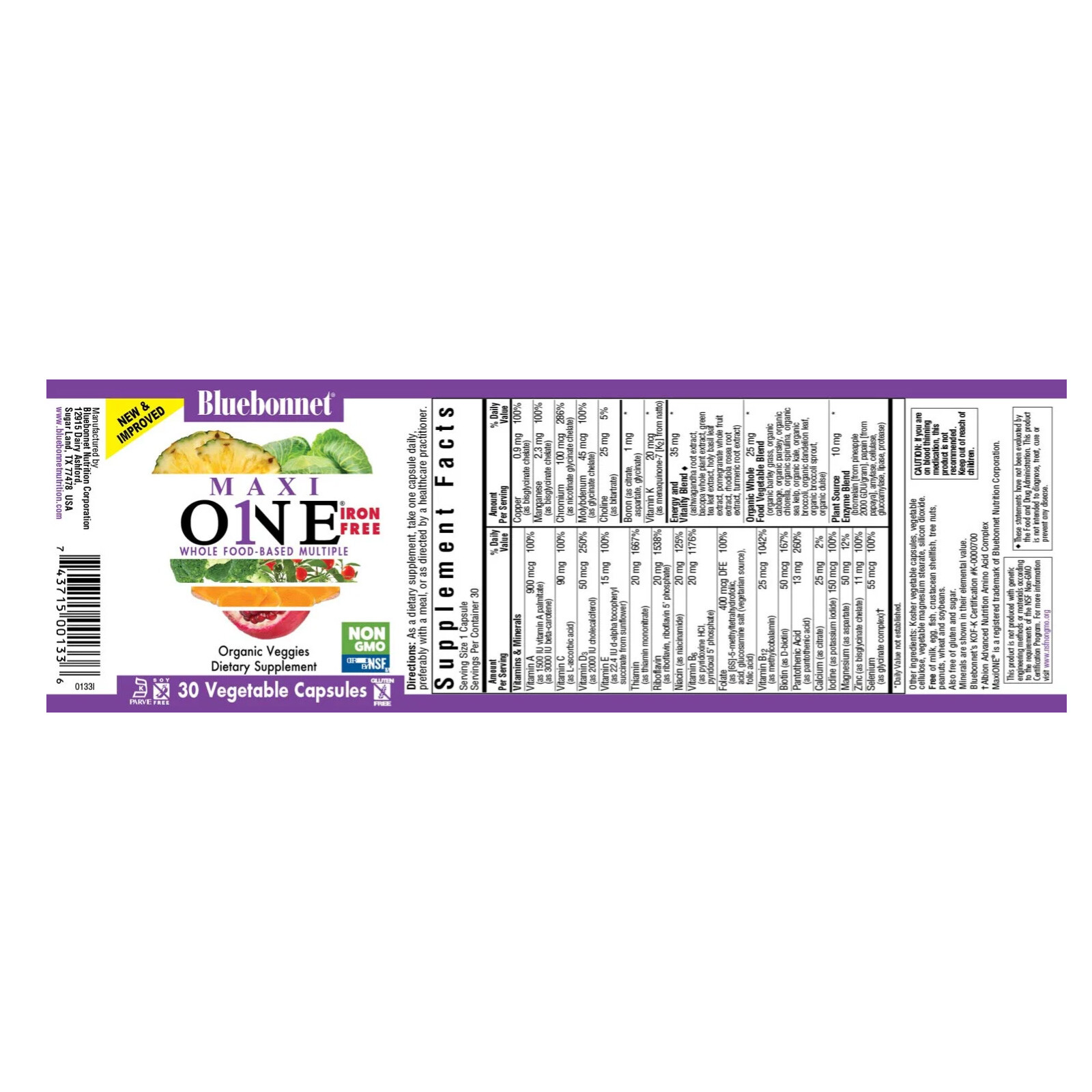 Bluebonnet Maxi One (Iron-Free) 30 Vegetable Capsules, Daily Nutritional Support