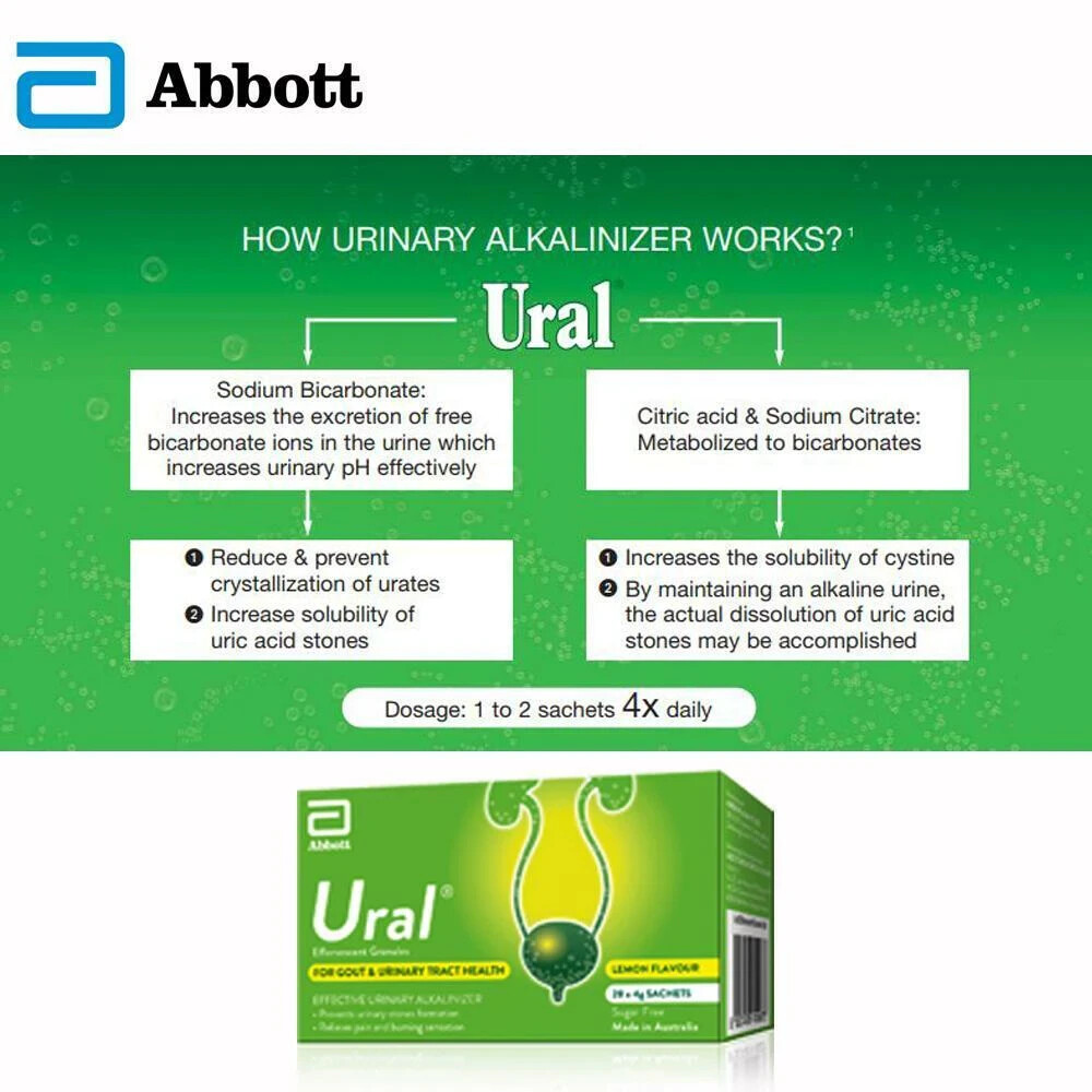 1X Abbott Ural Effervescent Granules Urine Alkalizer 4g X 28 Bags Free Shipping