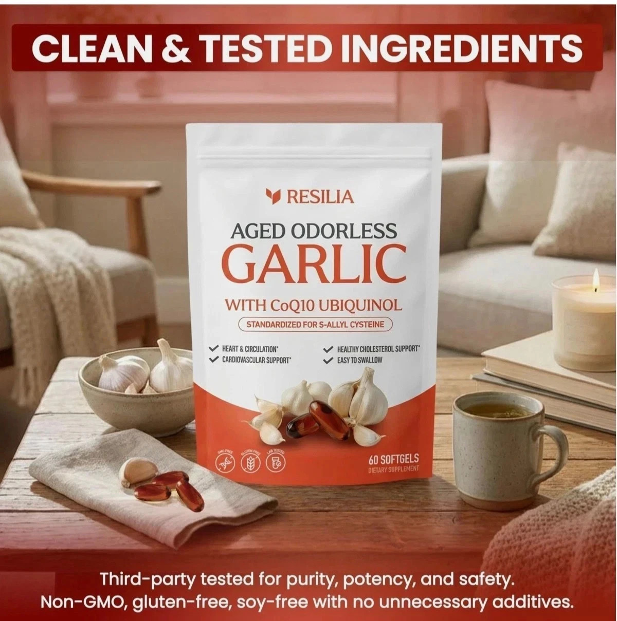 Resilia Garlic Extract 600mg Softgels (60 Count) – Odorless Aged Garlic Extract