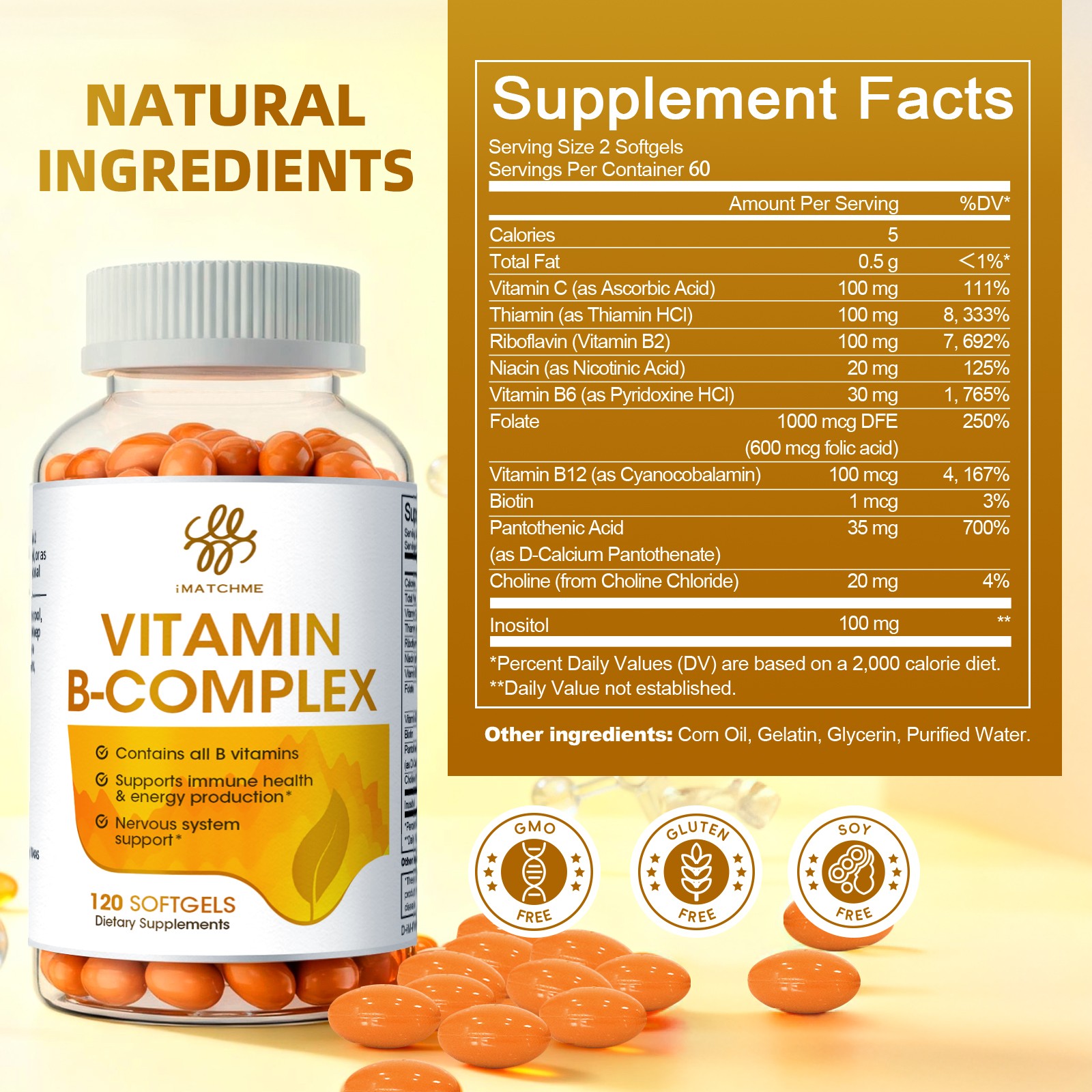 Vitamin B Complex 120 Capsules – B1,B2,B3,B5,B6,B7,B9,B12 for Immune Support