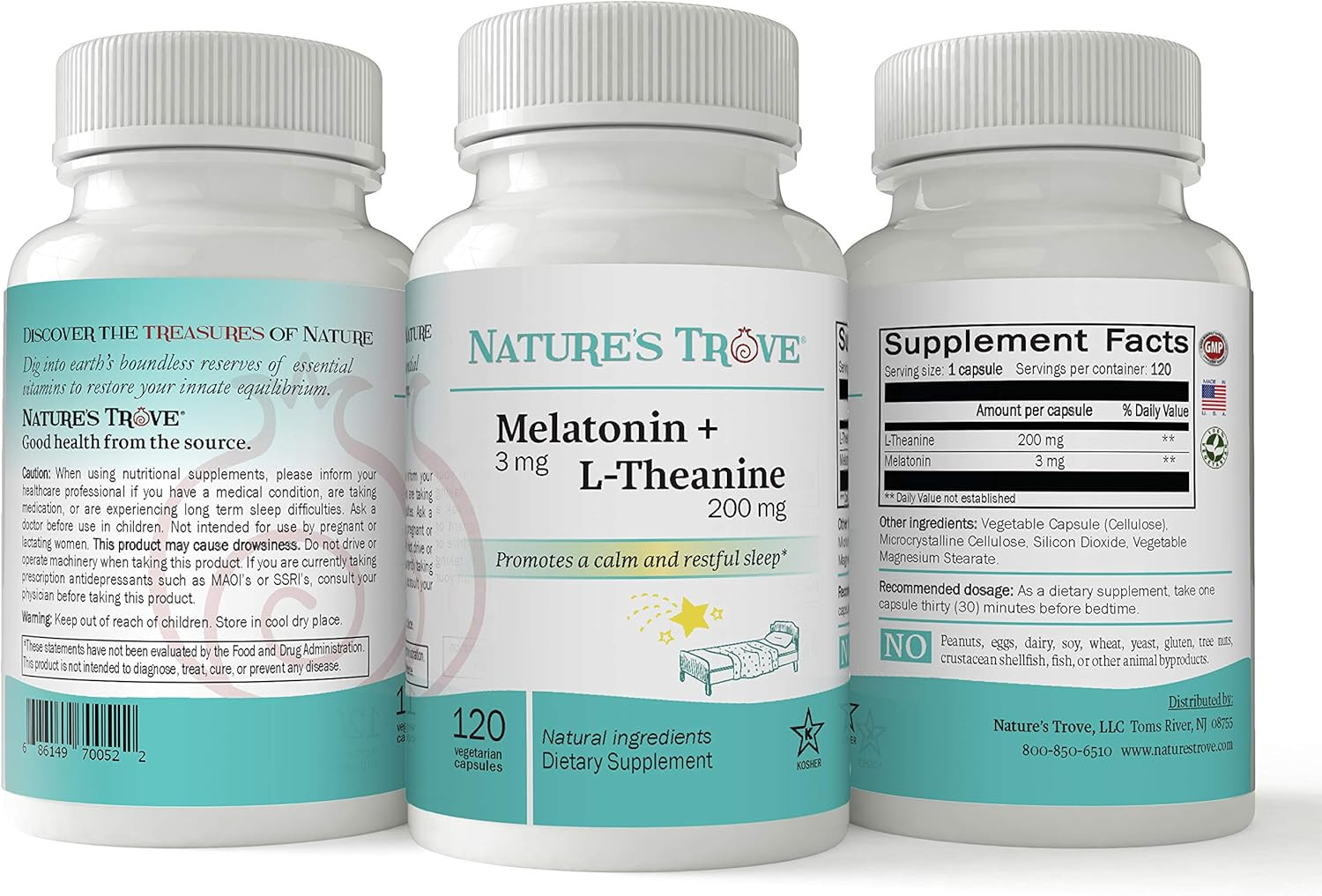Nature’S Trove Melatonin 3Mg + L Theanine 200Mg – Calm and Relaxation – 120 Kosh