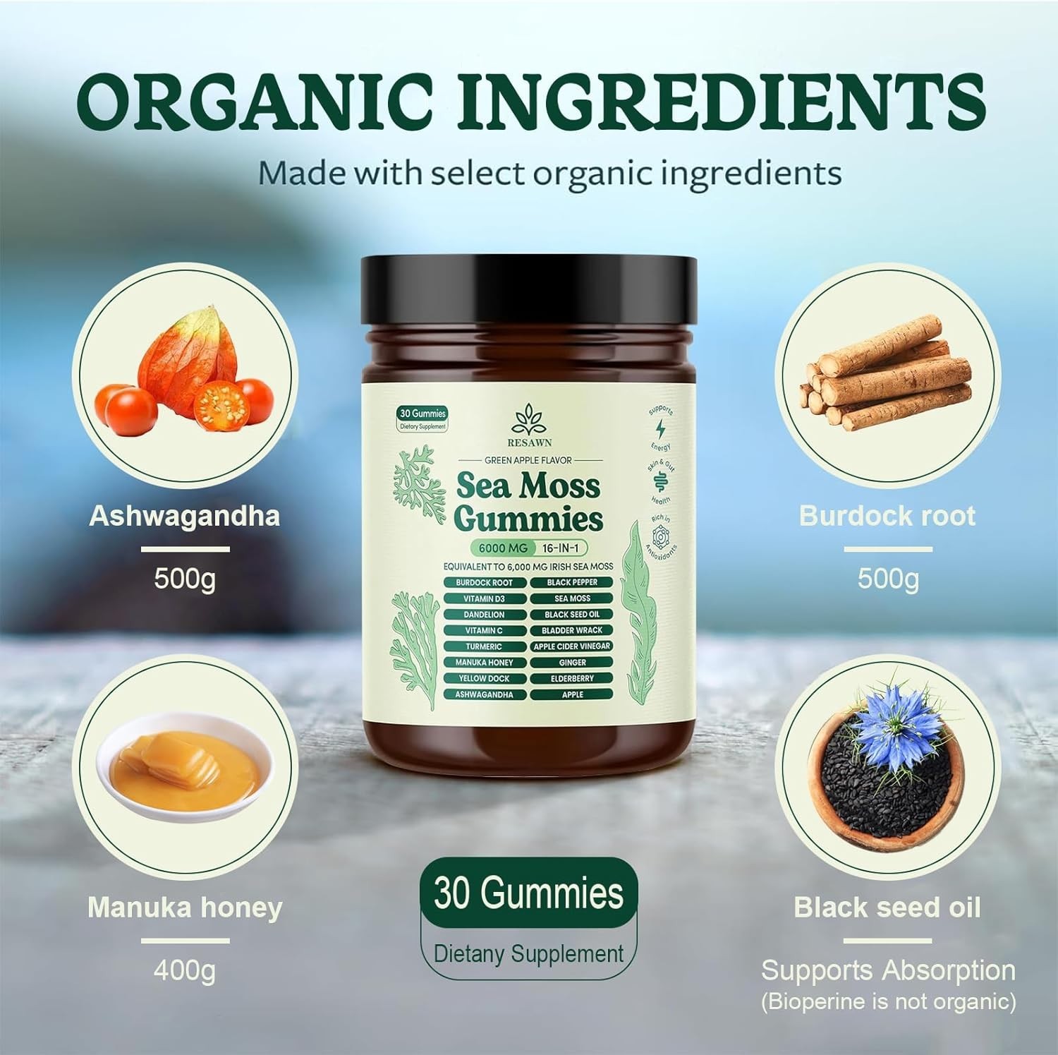 16-in-1 Organic Sea Moss Gummies | Irishmoss Extract 6000Mg | Green Apple