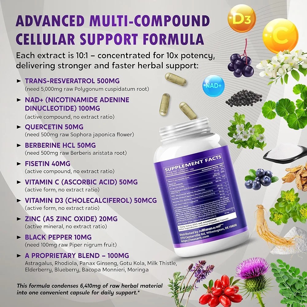 2 Nessarit 18-in-1 Natural Blend RESVERATROL w/ NAD, Quercetin, 150 Capsules