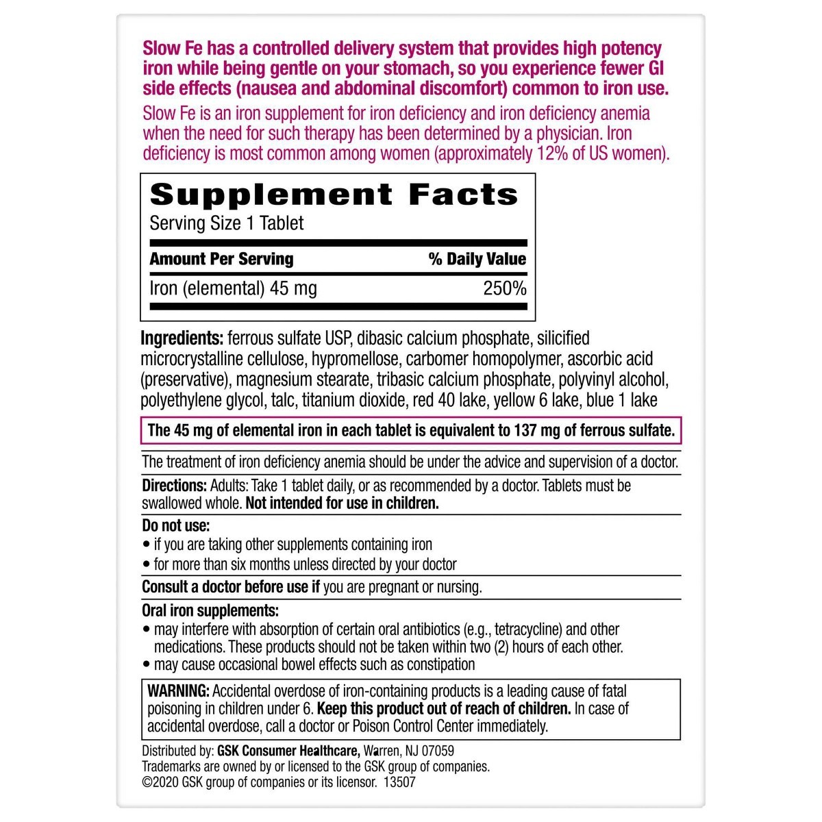 Slow Fe Slow Release Iron Supplement Tablets – 60ct: 45mg Per Serving