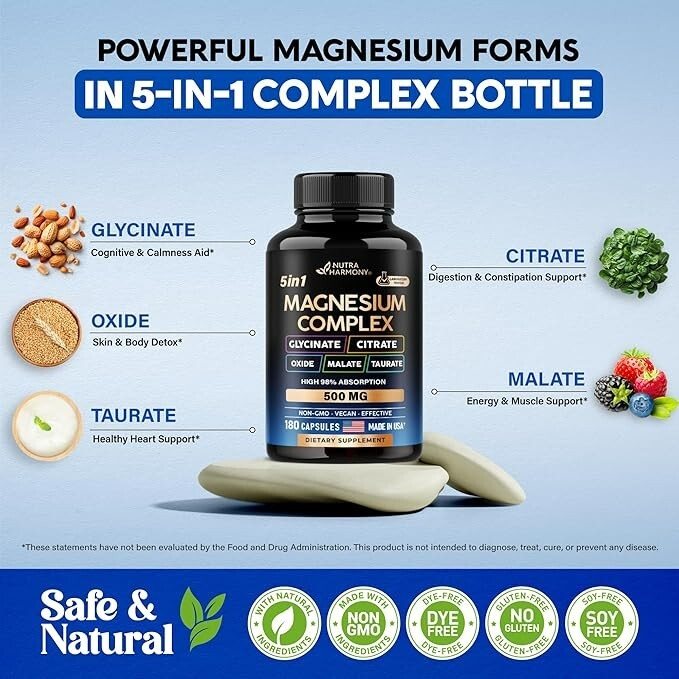 Magnesium Supplement – 5 in 1 Complex 500 Mg | Glycinate | Citrate | Malate | Ta