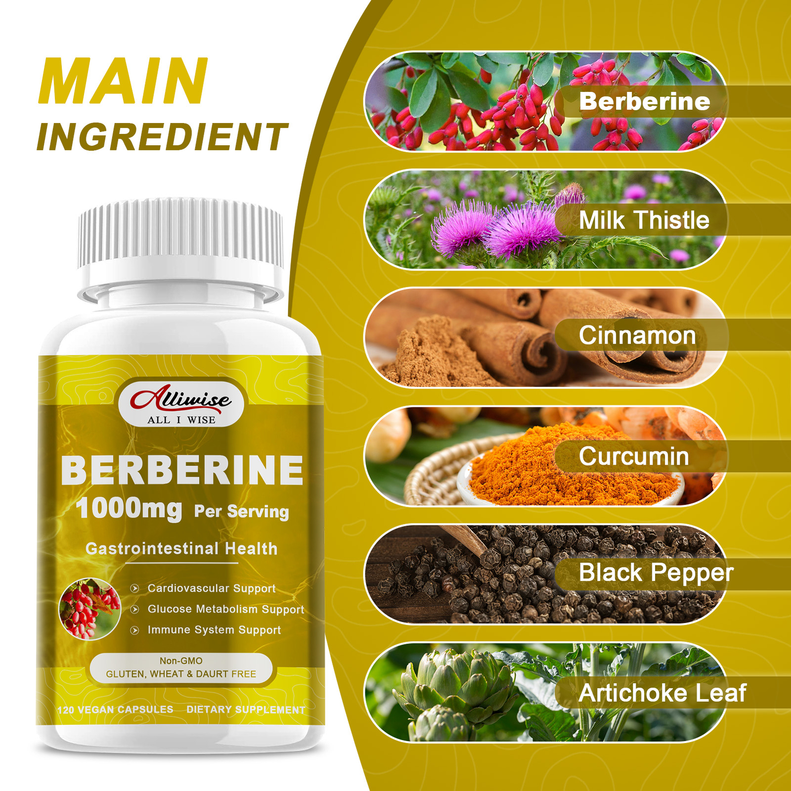 Premium Berberine HCL Extract 1000mg, Healthy Cholesterol, Anti-Inflammatory