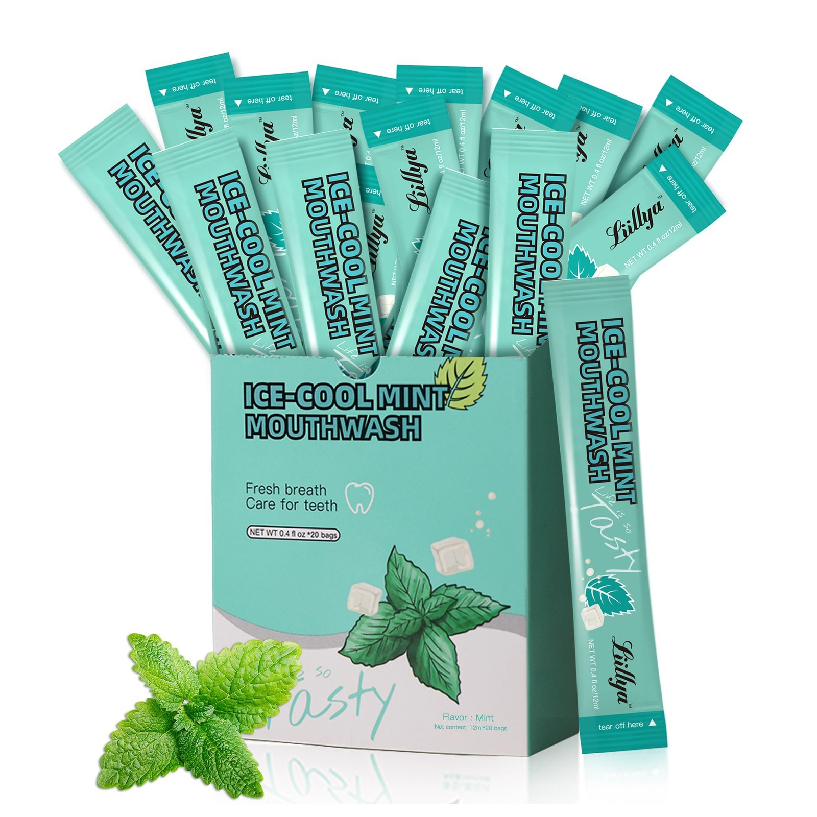 Liillya Alcohol-Free Mouthwash Packets, Single 0.4 Fl Oz (Pack of 20), Green