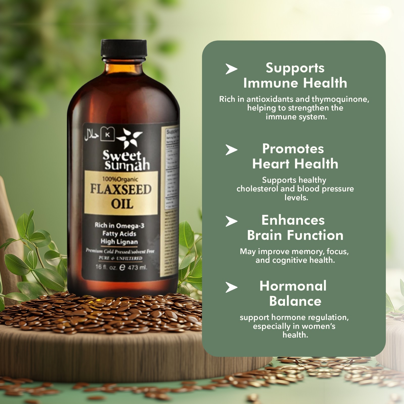 FLAX SEED OIL – Organic Omega 3 Heart Brain Skin Hair Digestion Support – 16oz