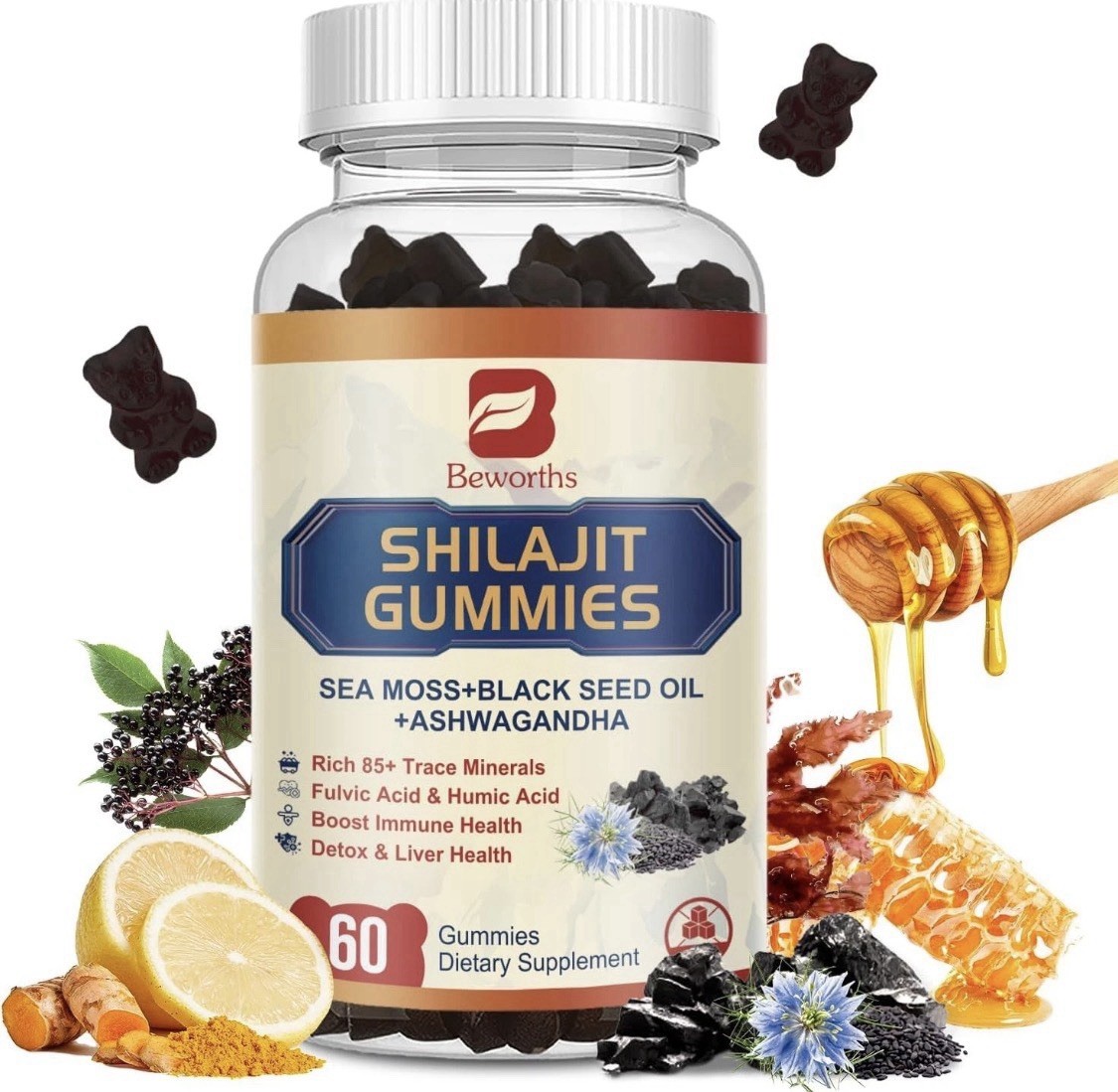 Beworths SHILAJIT GUMMIES 10,000MG 60 Gummies Sea Moss+Black Seed Oil +ASHWAGAND