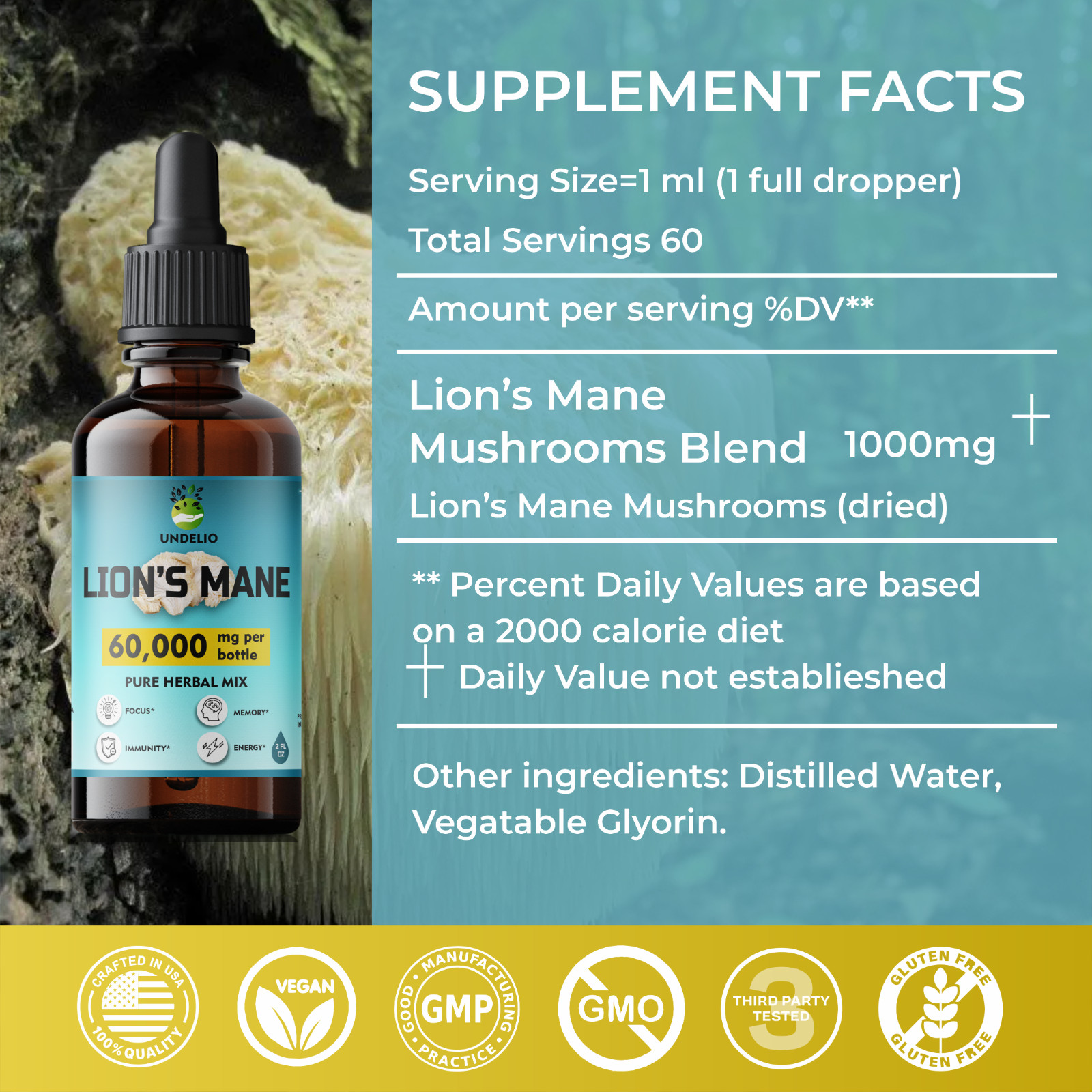 Lions Mane Mushroom Extract Non Gmo Tincture Liquid Herbal Drops 2 Fl Oz