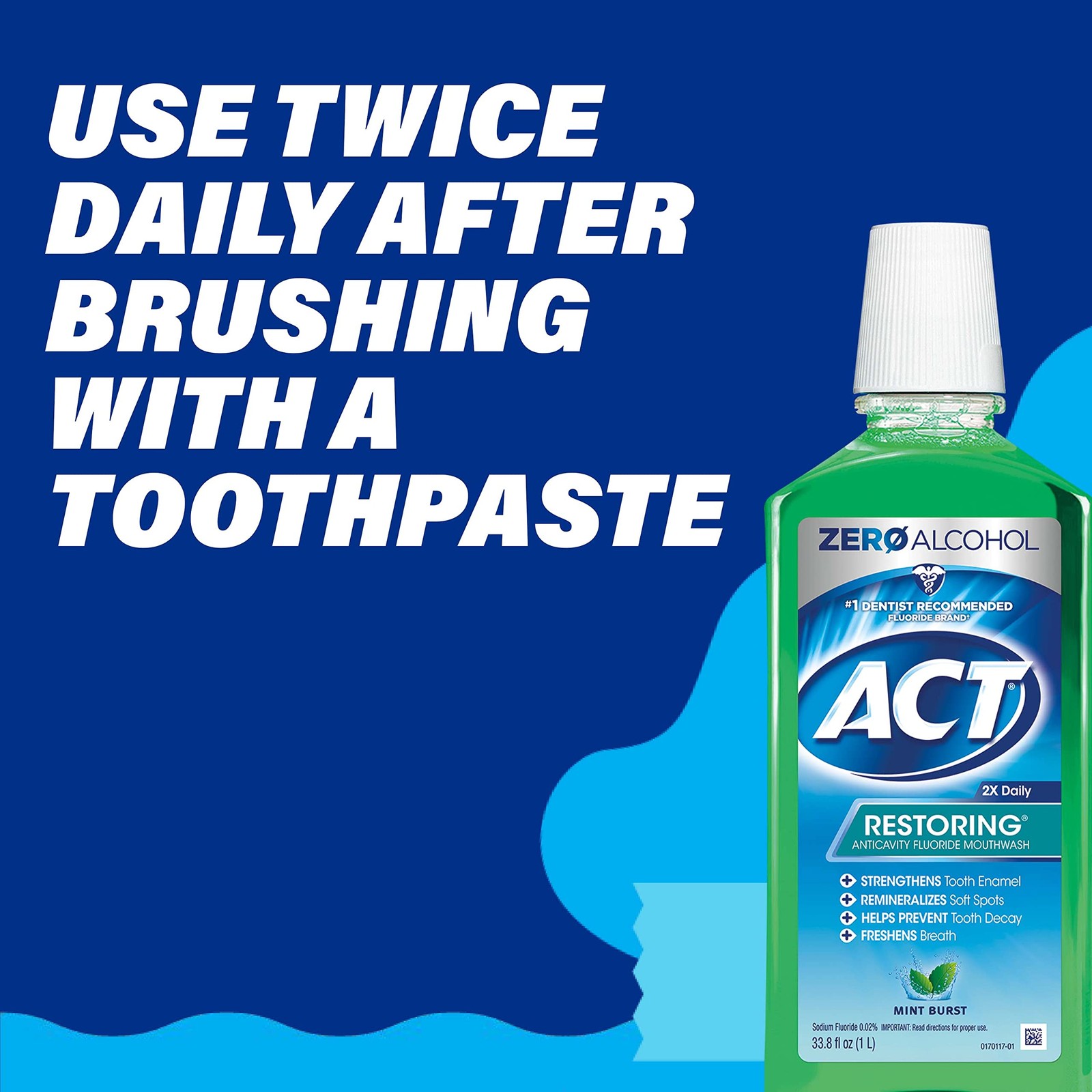 ACT Restoring Zero Alcohol Fluoride Mouthwash 33.8 Fl Oz (Pack of 2), Green