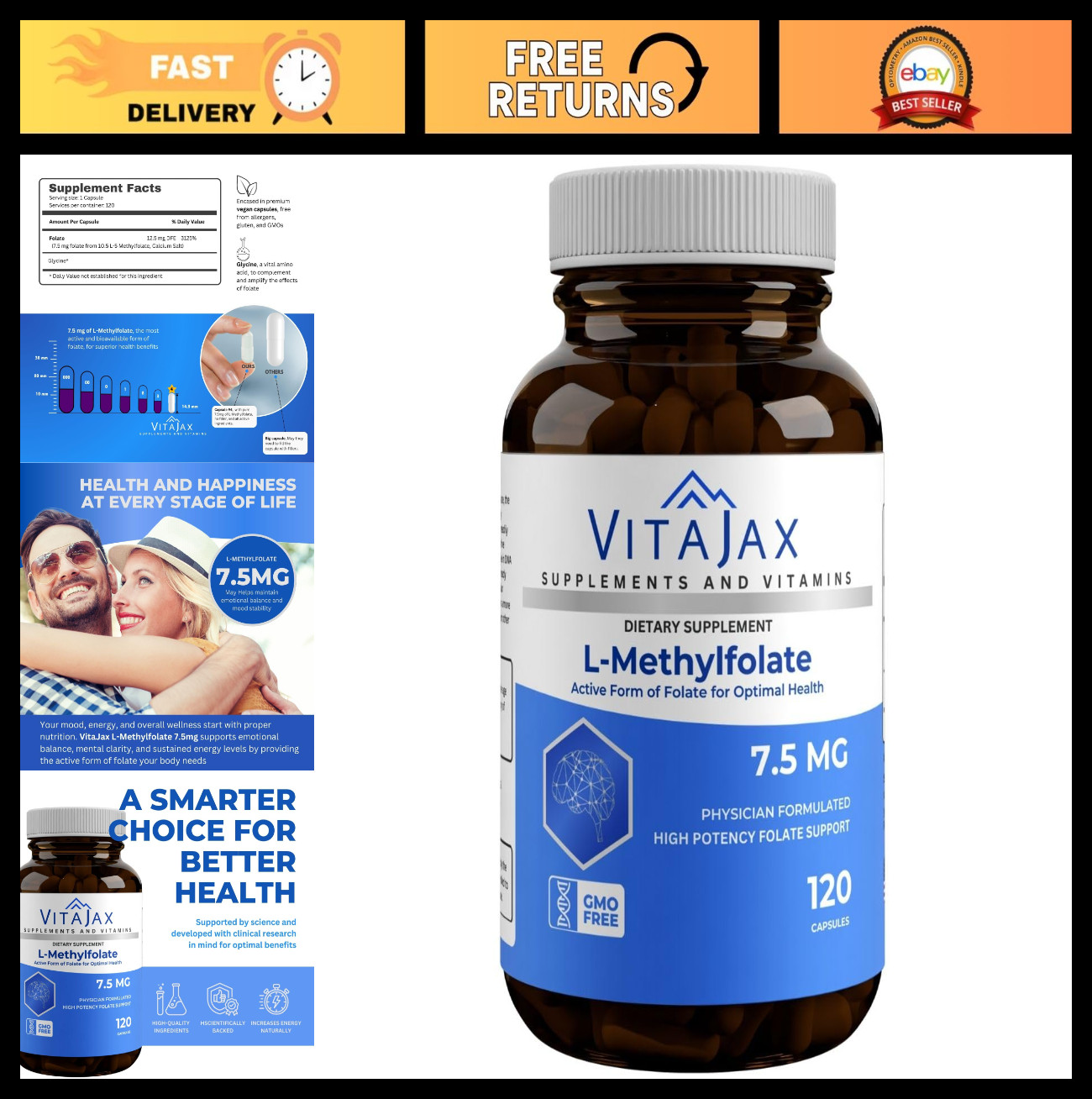 High-Potency L-Methylfolate 7.5mg – 120 Capsules, Active Folate, Gluten-Free, No