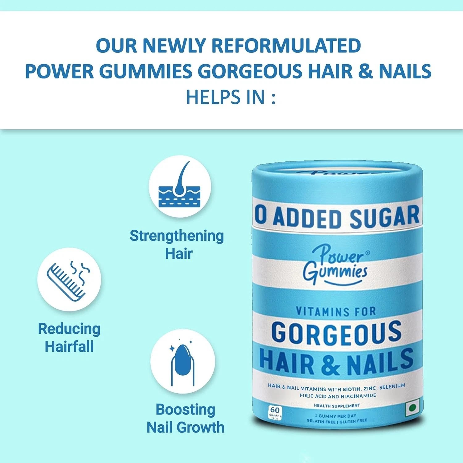 Power Gummies Biotin Hair Gummies Stronger Shinier Hair & Nails 60 Days Pack