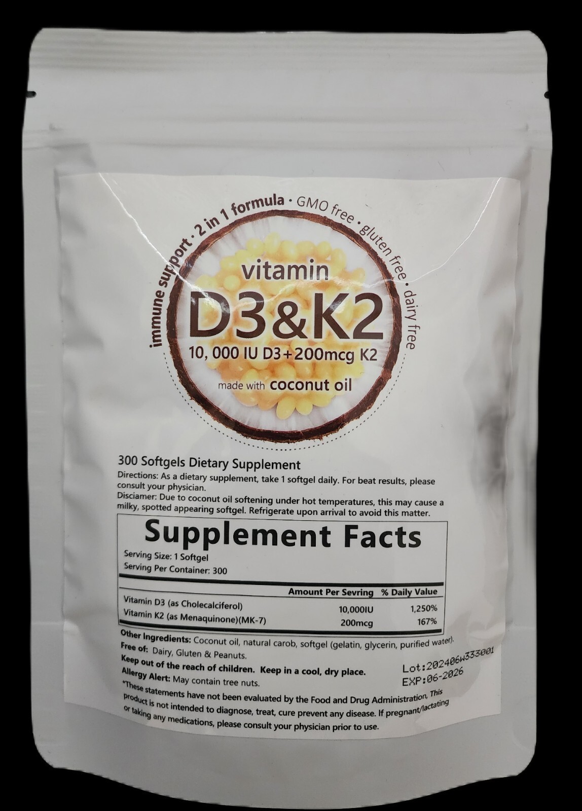 Vitamin D3 K2 Softgel 300 Capsules Extra Strength D3 K2 Supplements USA