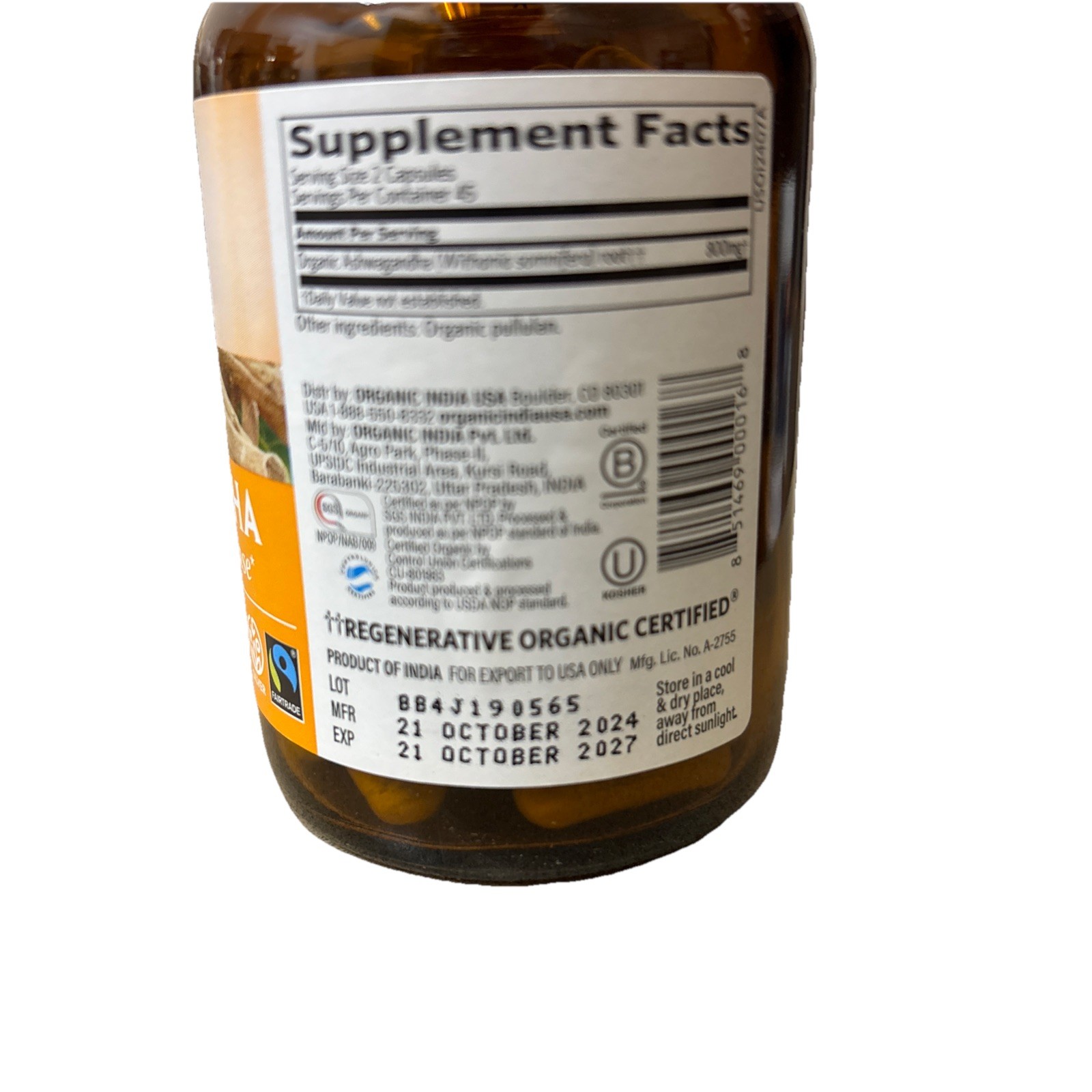 Organic India Organic Ashwagandha 90 Veg Caps B Corp, Gluten-Free, BB 10/2027