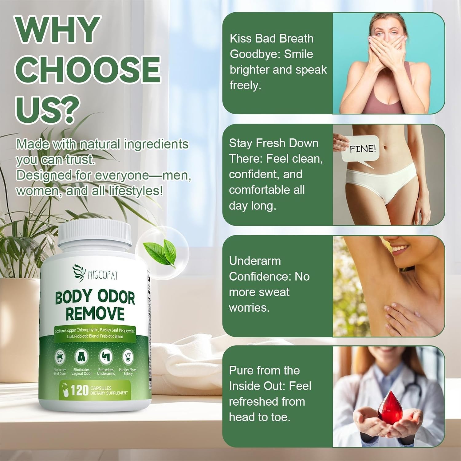 Chlorophyll Body Deodorizing Supplement with 10 Billion CFU Probiotic Free Shipp