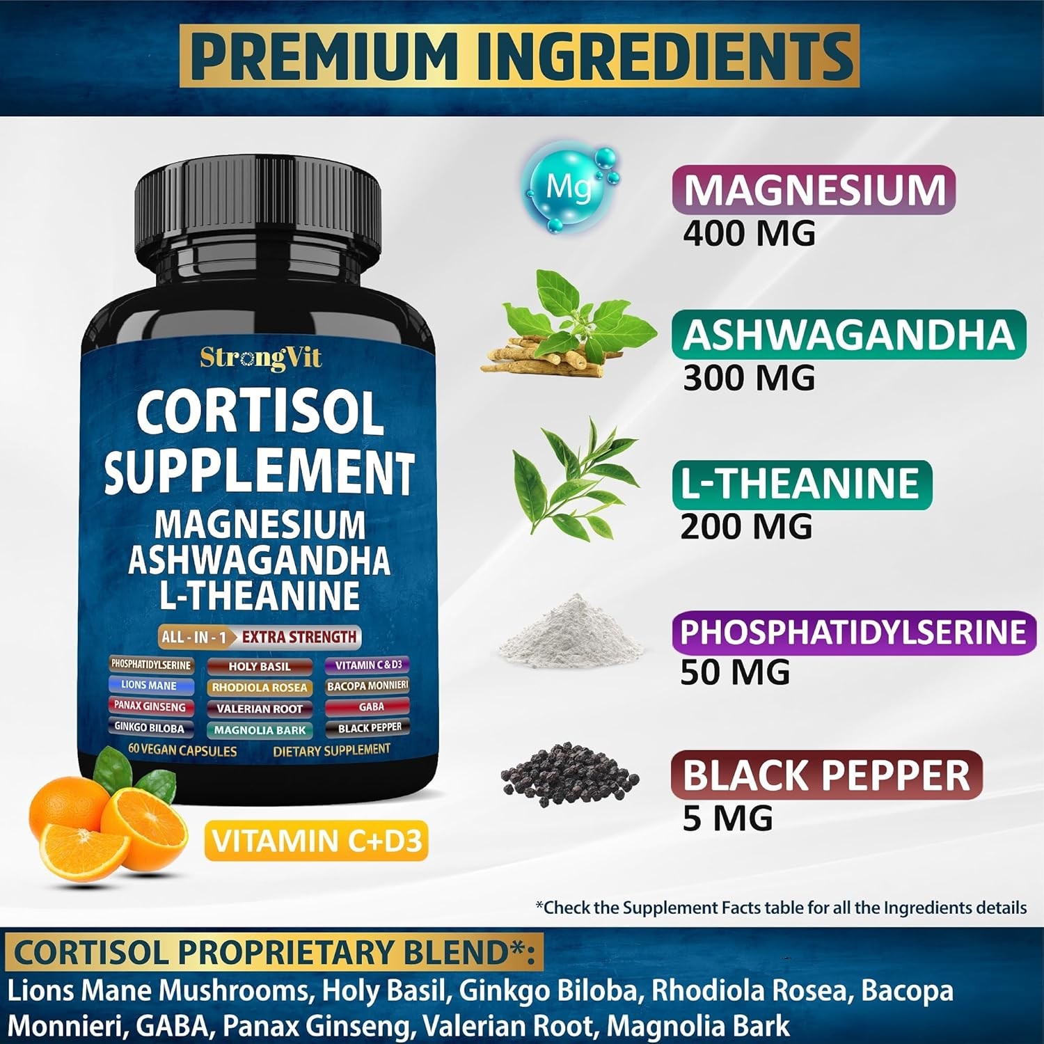 StrongVit Cortisol Supplements for Women and Men with Magnesium, Ashwagandha & L