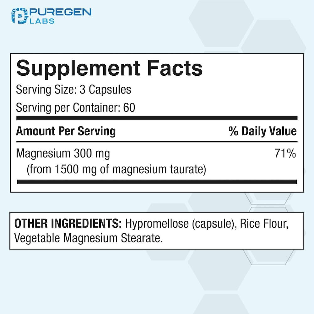 Puregen Labs Magnesium Taurate 1500mg per Serving High Potency 180 Caps 2 pk