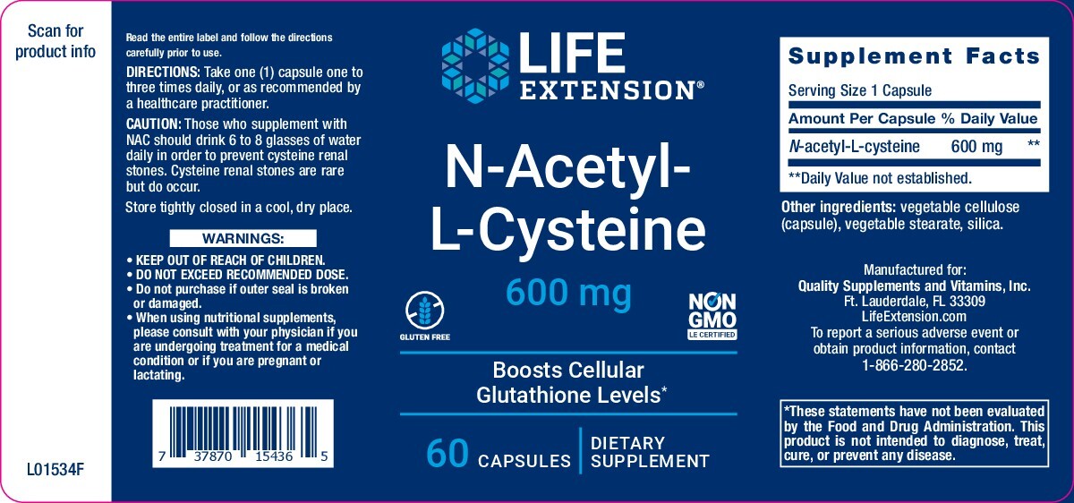 Life Extension Non-GMO N-Acetyl-L-Cysteine NAC 600mg 60 Caps.