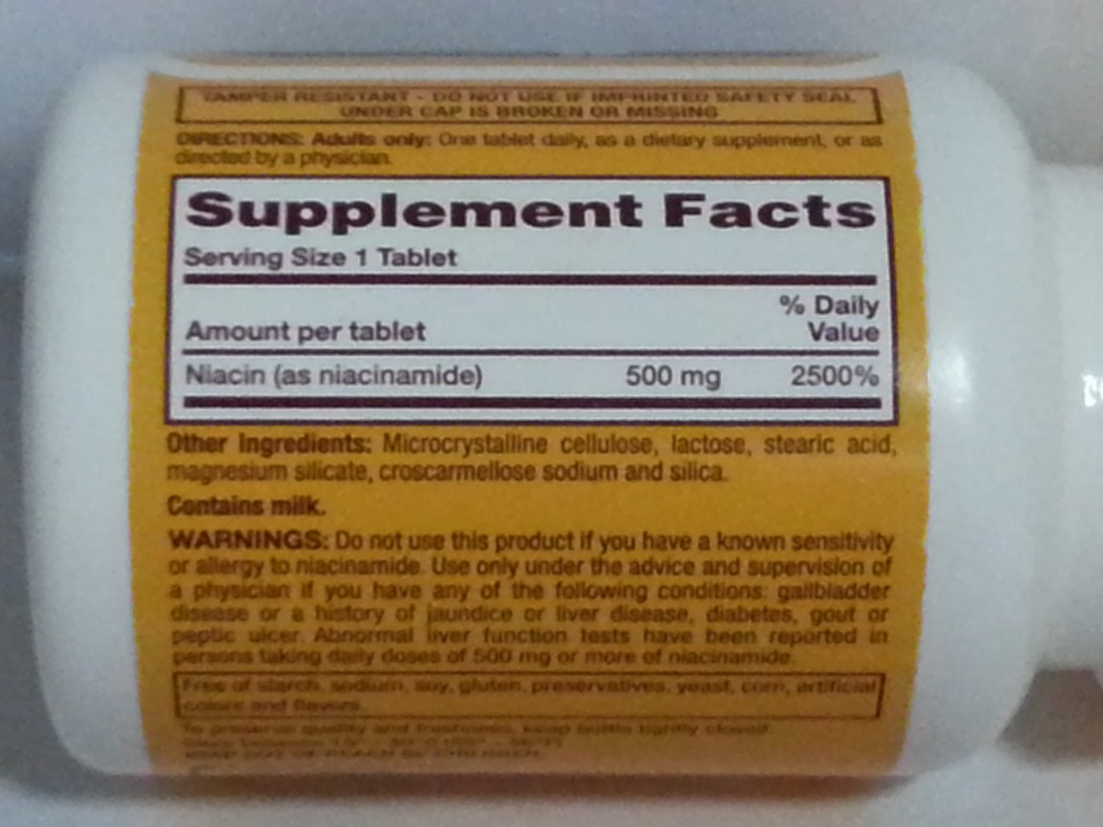 100 Count Niacinamide 500mg Dietary Supplement Gluten Free Non GMO Starch Free