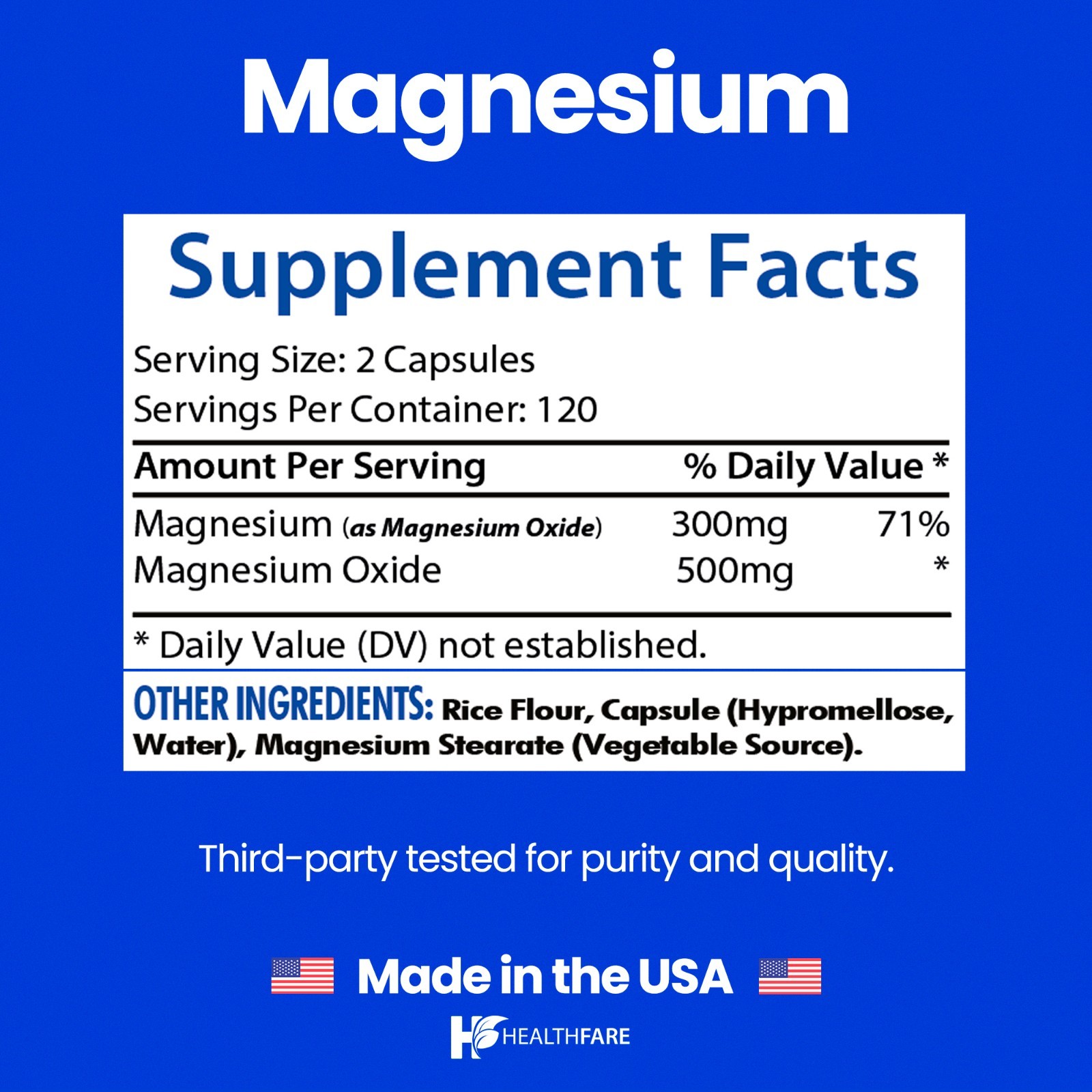 HealthFare Magnesium Oxide 500mg | 240 Veg Capsules | High-Absorption Formula