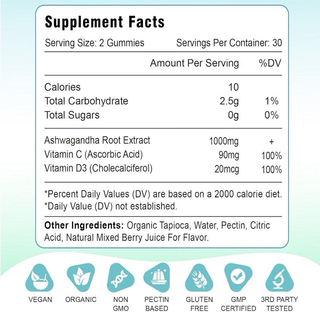Ashwagandha Gummies 2 Pack 1000mg Sugar Free Vegan Organic 120ct EXP: 12/26