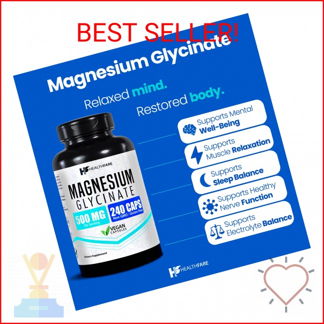 HealthFare Magnesium Glycinate 500mg | 240 Veg Capsules | High-Absorption Chelat