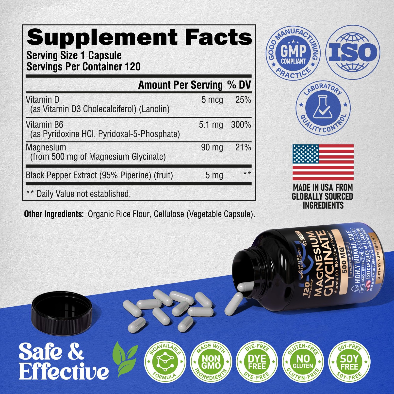 Magnesium Glycinate 500 mg – Chelated Supplement – High 120 Count (Pack of 1)