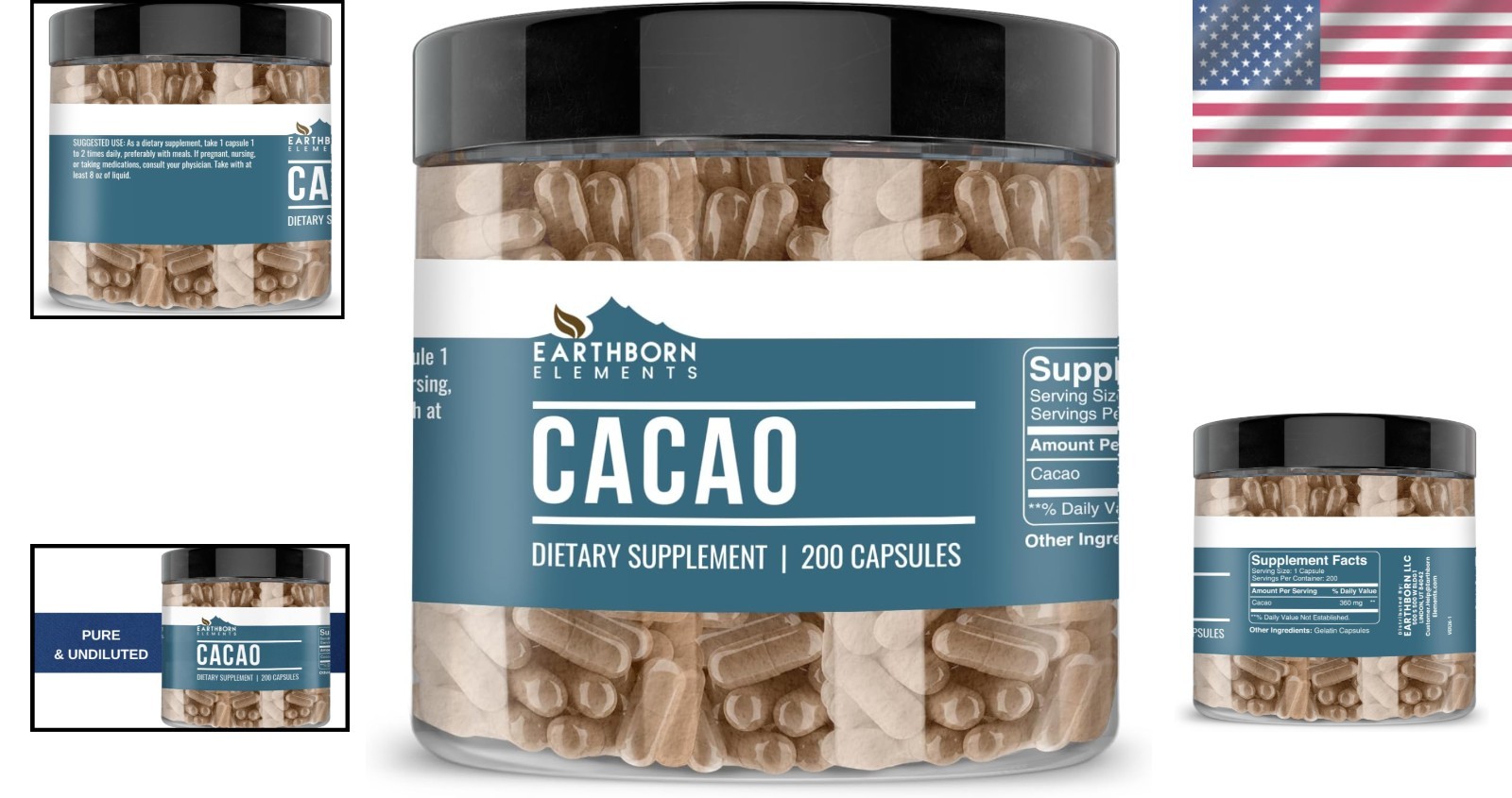 Pure Cacao Capsules – 200 Count Vegetarian Nutritional Supplement, No Additives