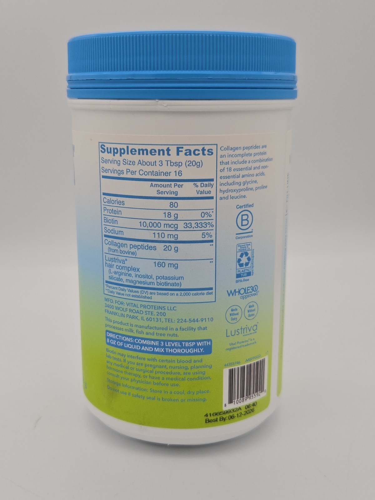 Vital Proteins Hair Complex Collagen Peptides+ Biotin Powder 11.4oz, Exp. 6/26