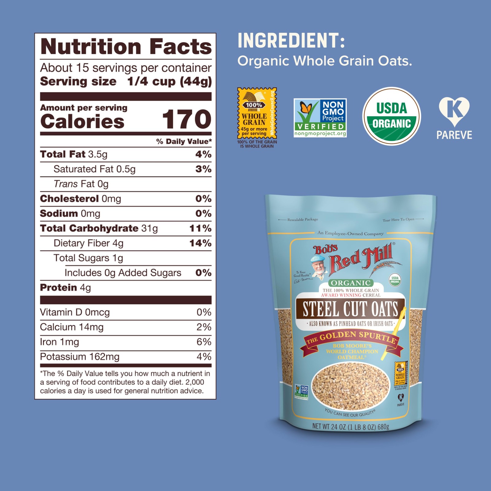 Bob’s Red Mill Organic Steel Cut Oats – 24 24 Ounce (Pack of 4), Natural