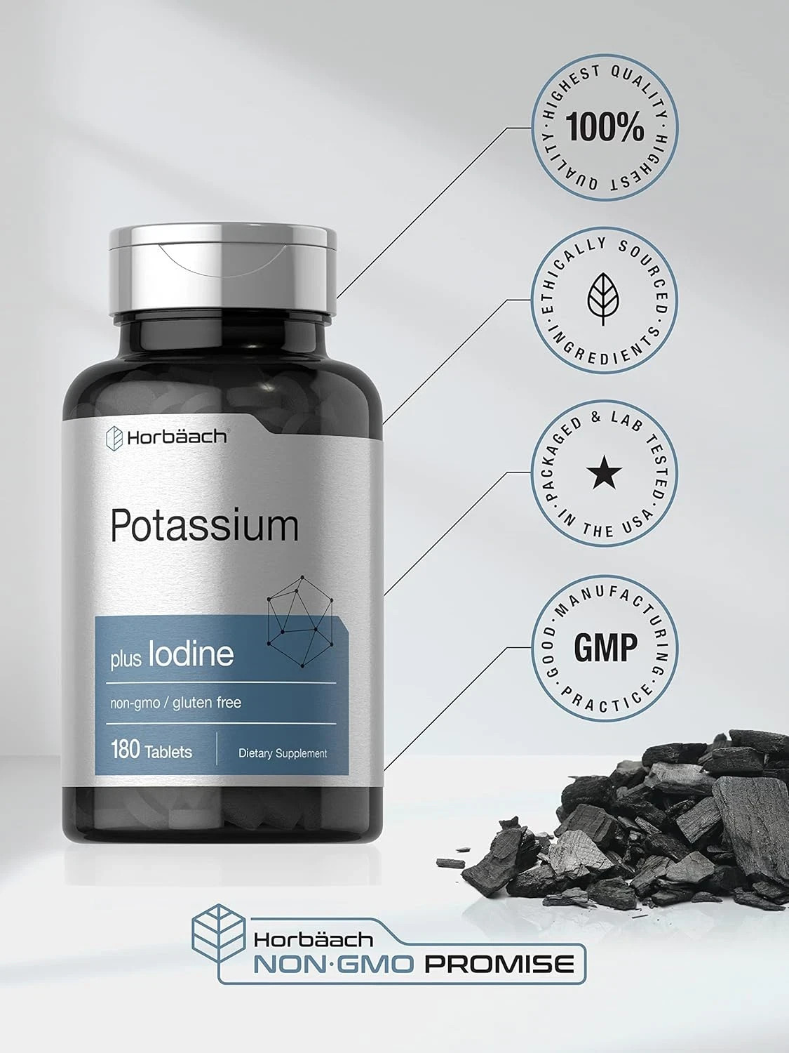 Horbäach Potassium Chloride Supplement | plus Iodine | 180 Vegetarian Tablets.