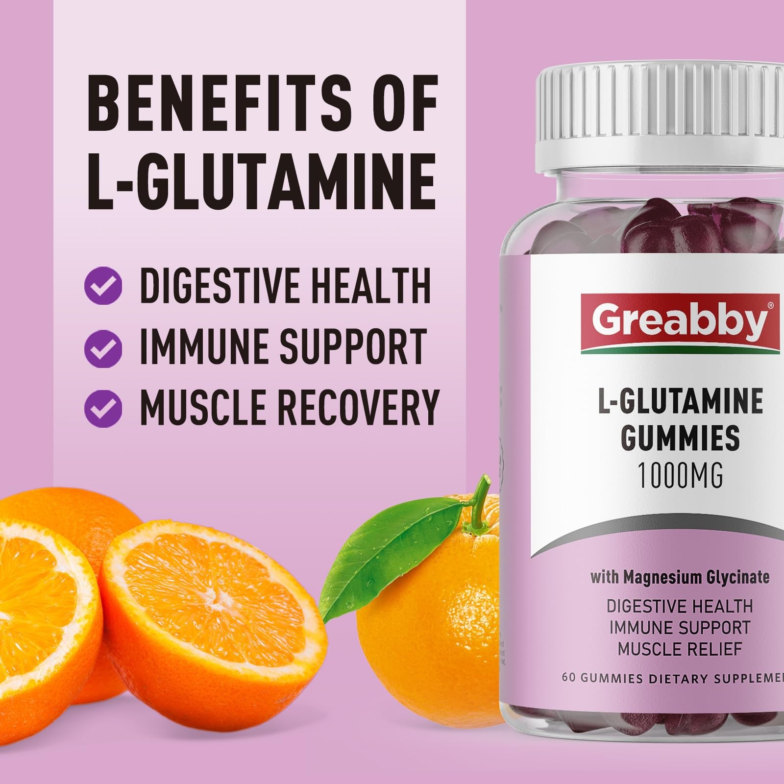 GREABBY L Glutamine 1000mg Gummies – Muscle Relief & 1 Count (Pack of 60)