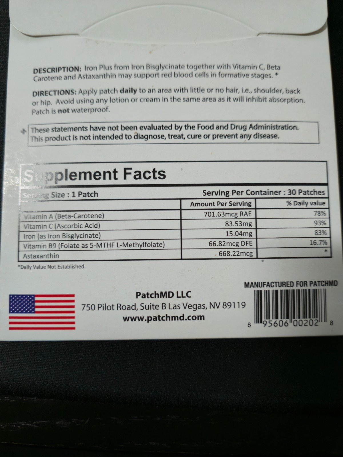 PatchMD Iron Plus Topical Patch – 90 Day Supplement Authentic- New Formula