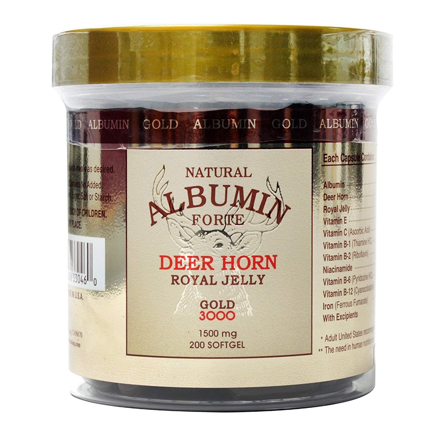 Natural Albumin Forte Deer Horn & Royal Jelly 1500mg – 200 Softgels, Immune Supp