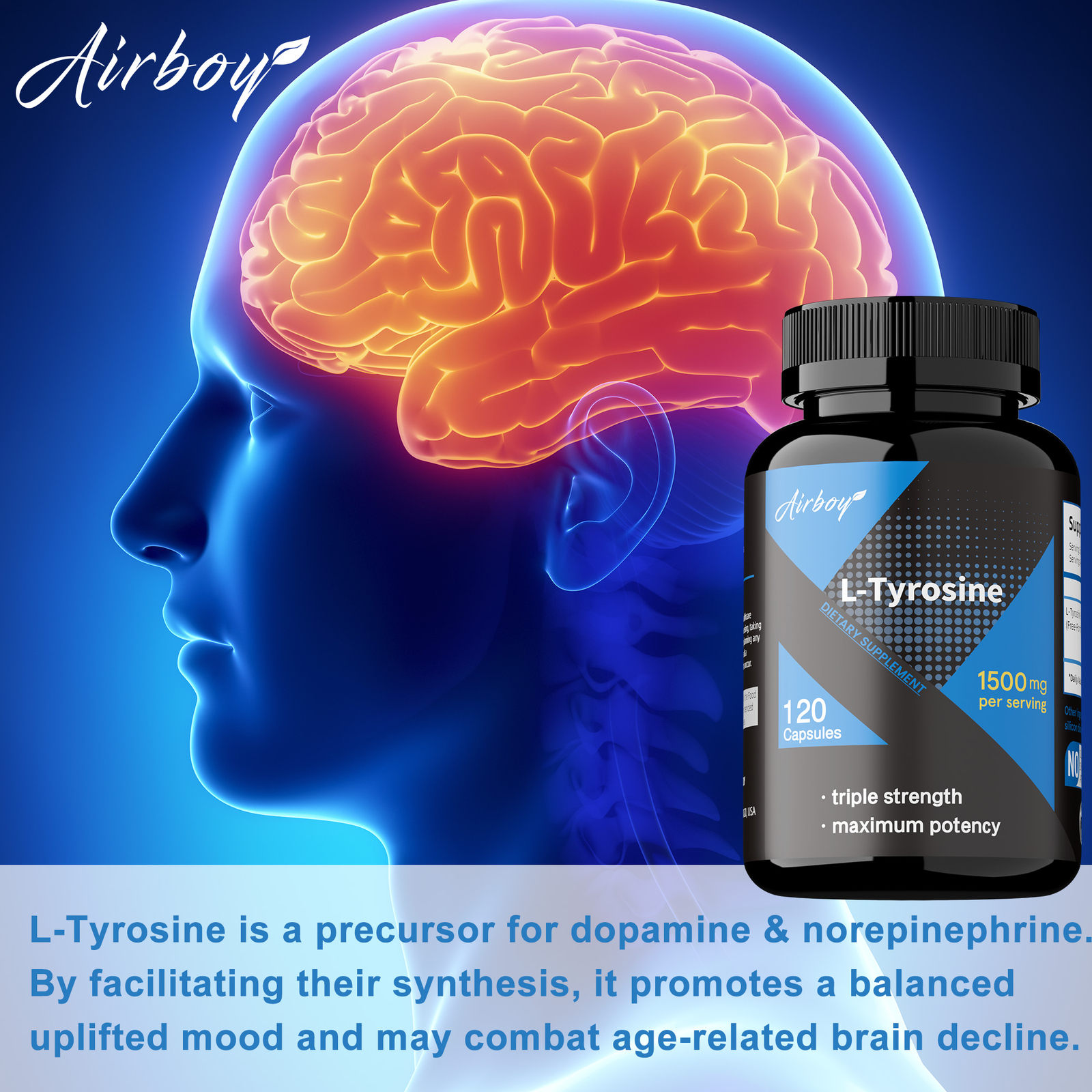 L-Tyrosine 1500mg – Support Synthesis of Brain,Neurotransmitters, Non-GMO