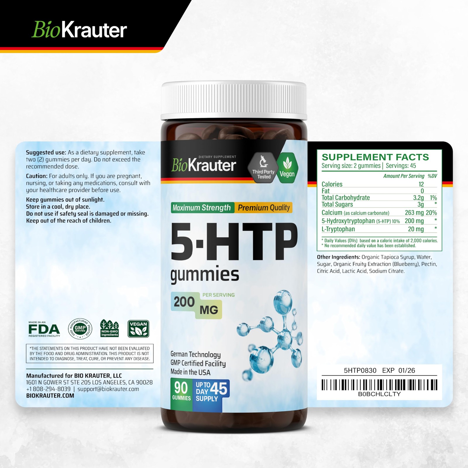 BIO KRAUTER® 5HTP with Tryptophan & Calcium for Mood & Relaxation Support –