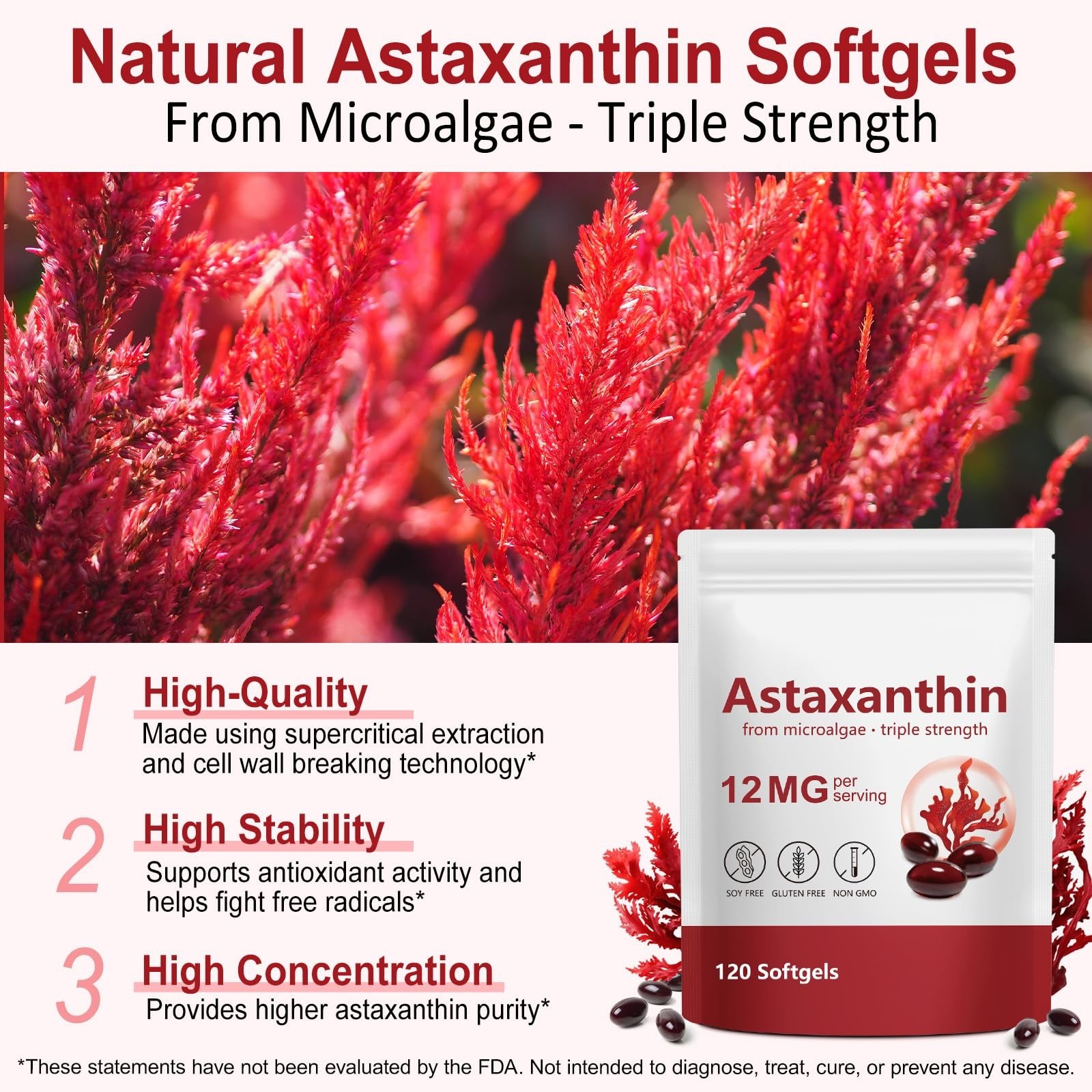 Premium Astaxanthin 12mg Softgels – 120 Count, Natural Antioxidant, 4 Month Supp