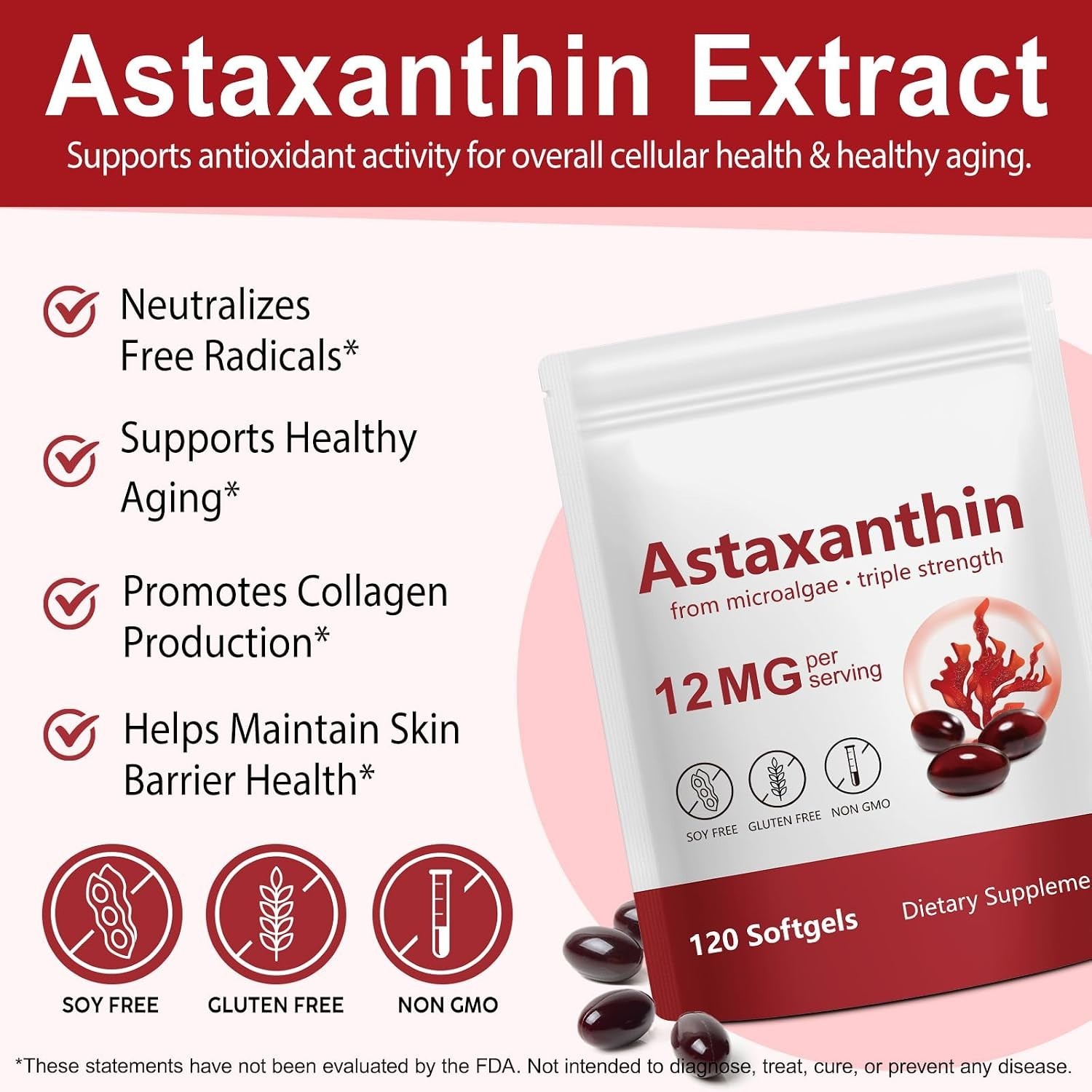 Astaxanthin 12mg, 120 Softgels, 4 Supply, Astaxanthin Antioxidant Supplement…