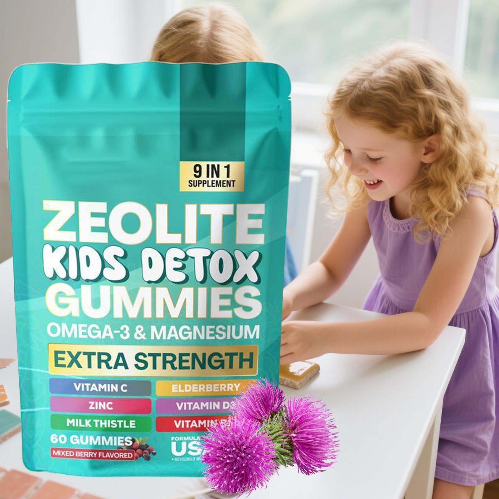 60 PCS Zeolite Kids Detox Gummies Mixed Body Flavored All-in-One Berry Cleans…