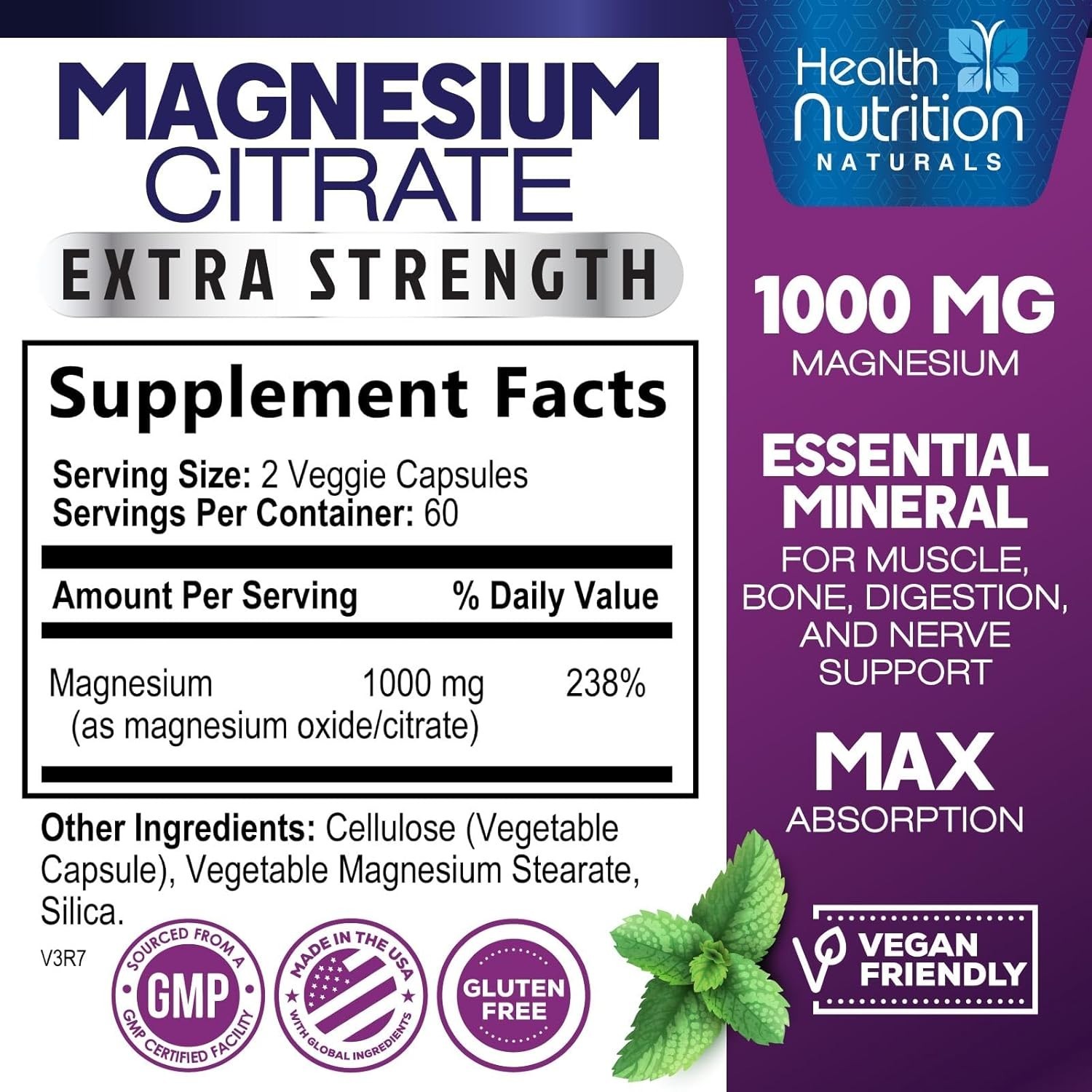 Magnesium Citrate Capsules 1000mg – Max Absorption Magnesium Powder for Muscle