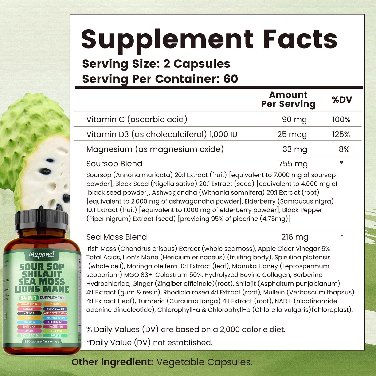 24-in-1 Soursop Shilajit Sea Moss Lion’s Mane – Antioxidants, Joint, Skin Health