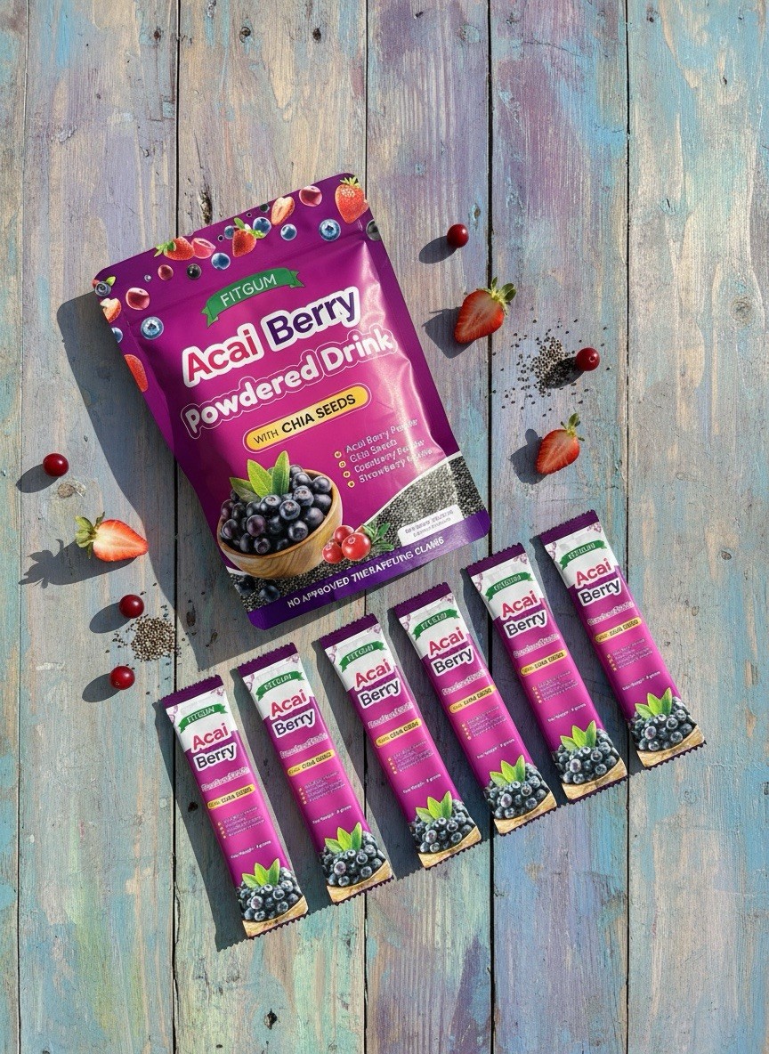 3 Packs FITGUM Acai Berry Drink Powder w/ Chia & Collagen – 10 Sachets Each