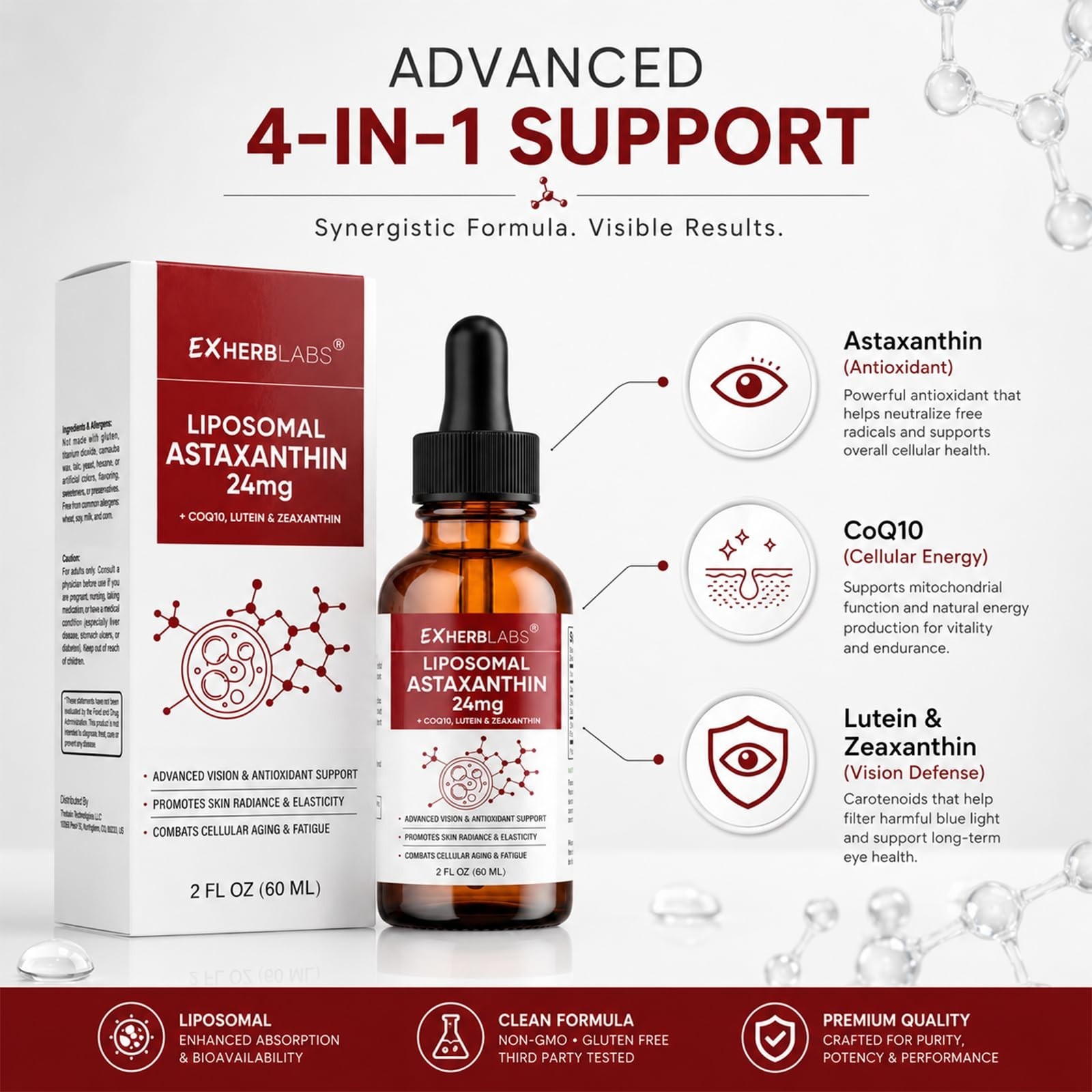 Liposomal Astaxanthin 24mg Liquid Drops – Antioxidant for Skin & Eye Health, Non
