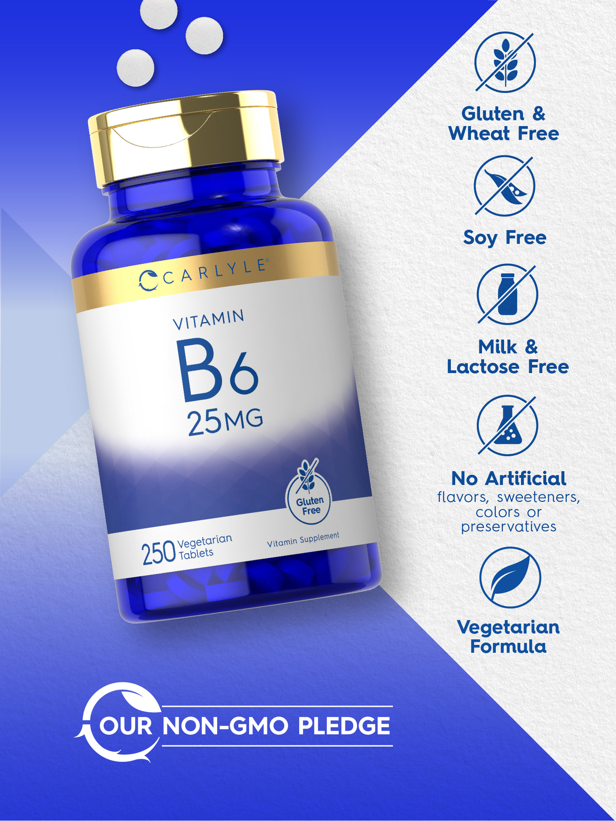 Vitamin B6 25 mg | 250 Tablets | Vegetarian, Non-GMO & Gluten Free | by Carlyle