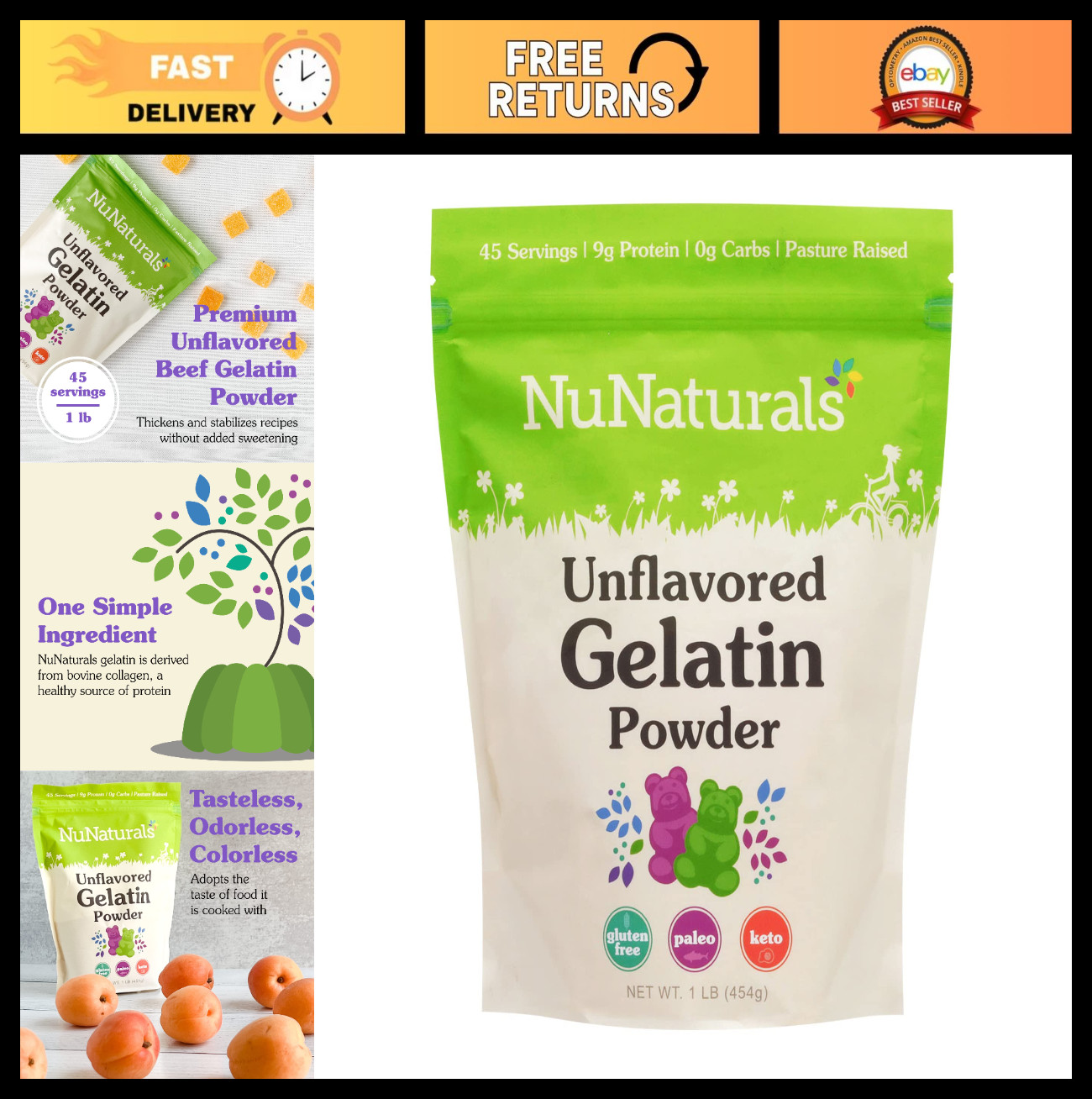Unflavored Beef Gelatin Powder – Grass Fed, Pasture Raised, 1 lb – Keto & Paleo