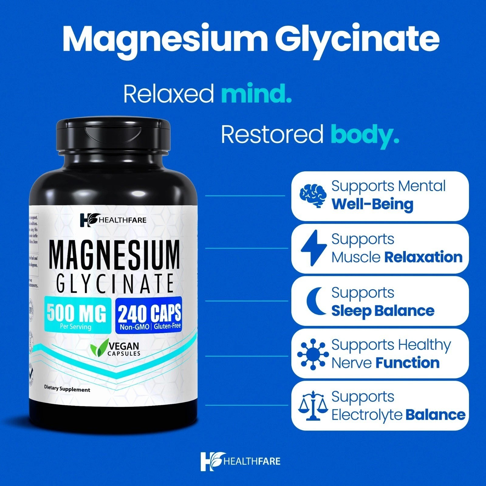 HealthFare Magnesium Glycinate 500mg | 240 Veg Capsules | High-Absorption