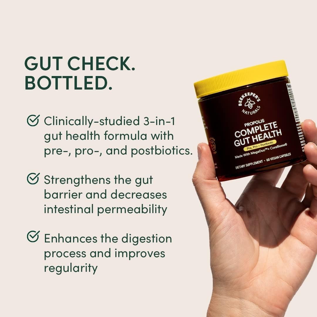 Complete Gut Health by Beekeeper’s Naturals, 3-in-1 Prebiotic – 60 Capsules